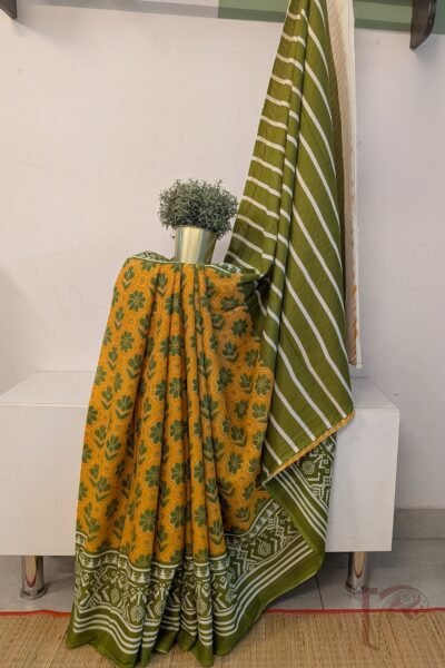 Mulmul Muse – Mango Yellow and Leaf Green Mul Cotton Saree with Dotted Geometric Floral Grid and Broad Green Border