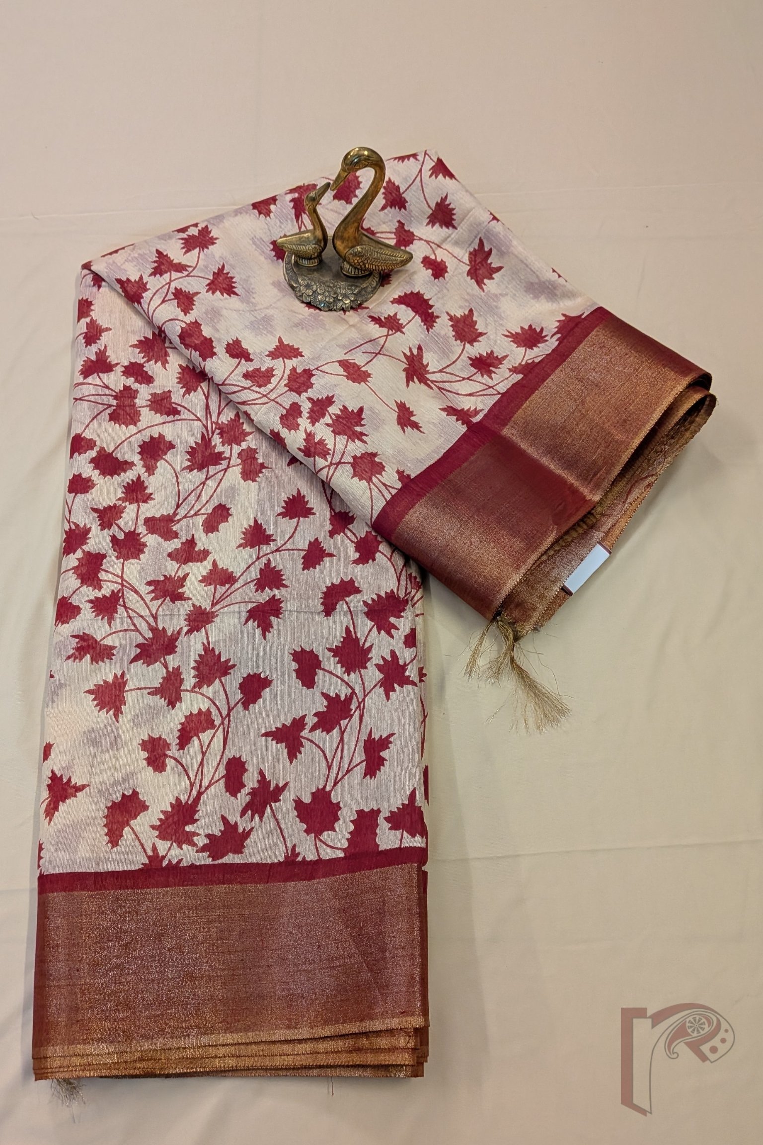 Jayshree Jiva - Cream Jayshree Staple Cotton Silk Saree with Red Leaf Stem Print and Red-Gold Accents - Image 2