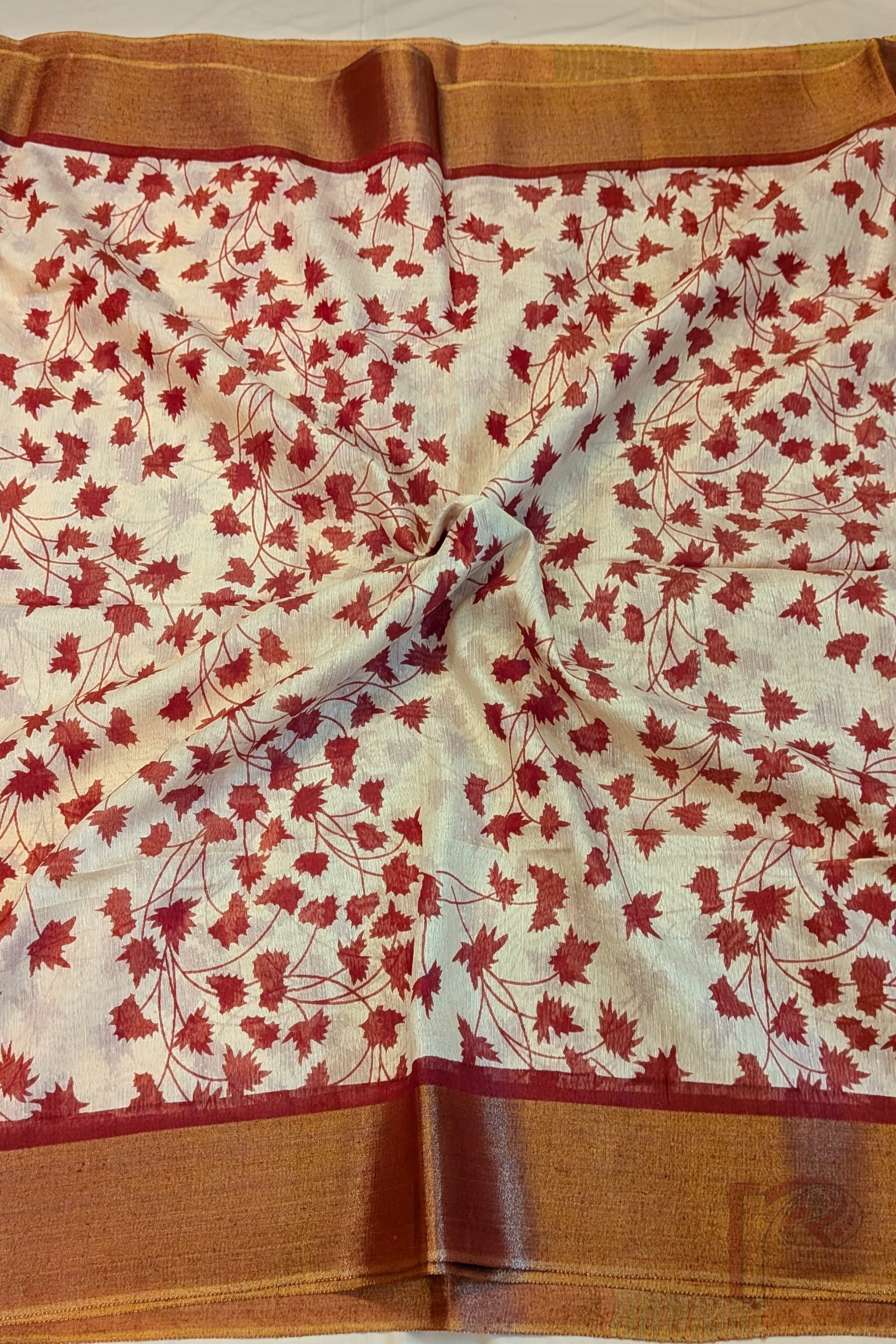 Jayshree Jiva - Cream Jayshree Staple Cotton Silk Saree with Red Leaf Stem Print and Red-Gold Accents - Image 3