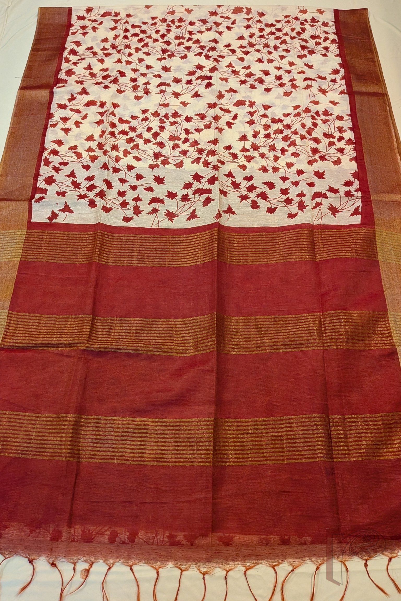 Jayshree Jiva - Cream Jayshree Staple Cotton Silk Saree with Red Leaf Stem Print and Red-Gold Accents - Image 5