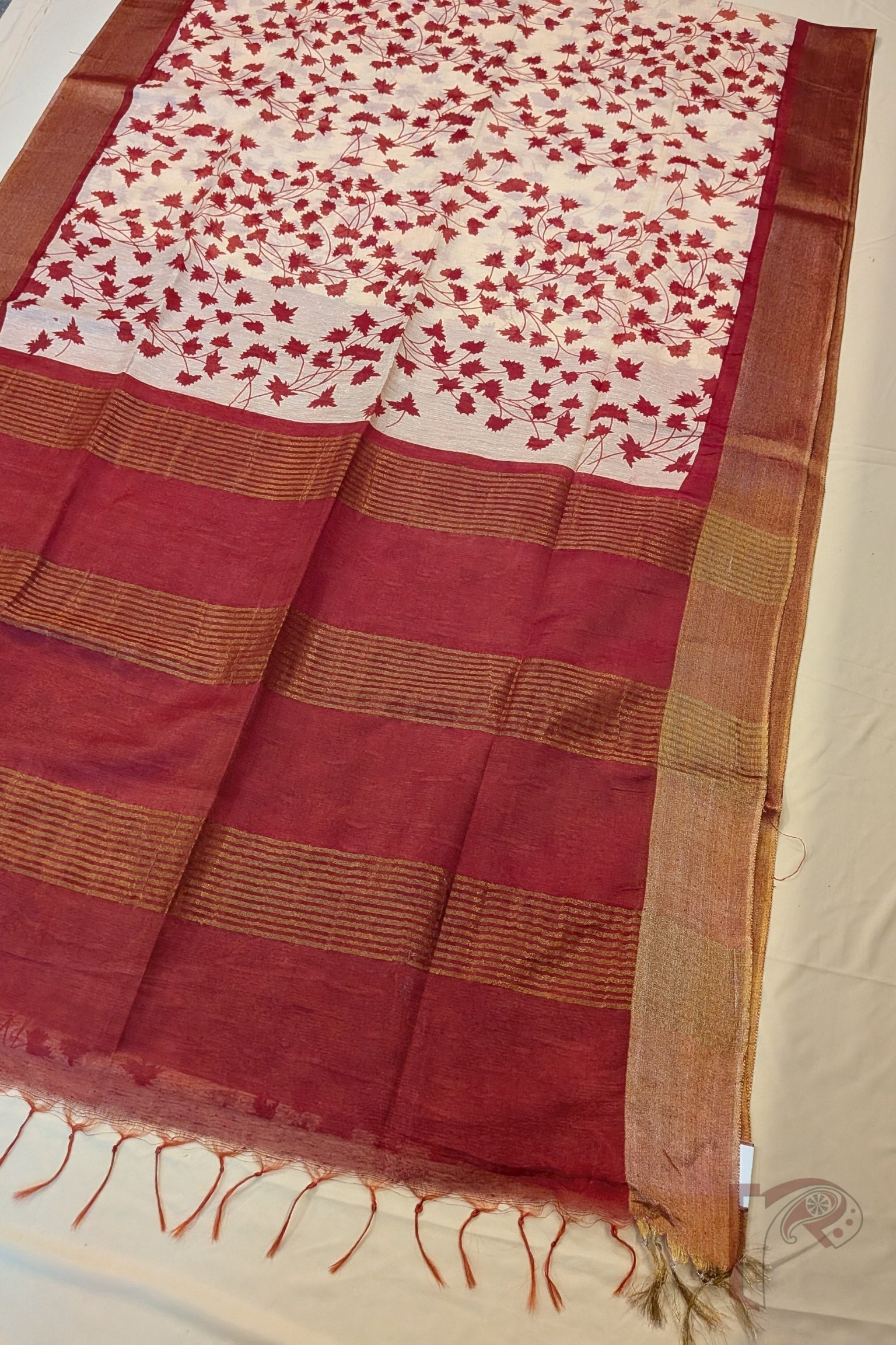 Jayshree Jiva - Cream Jayshree Staple Cotton Silk Saree with Red Leaf Stem Print and Red-Gold Accents - Image 7