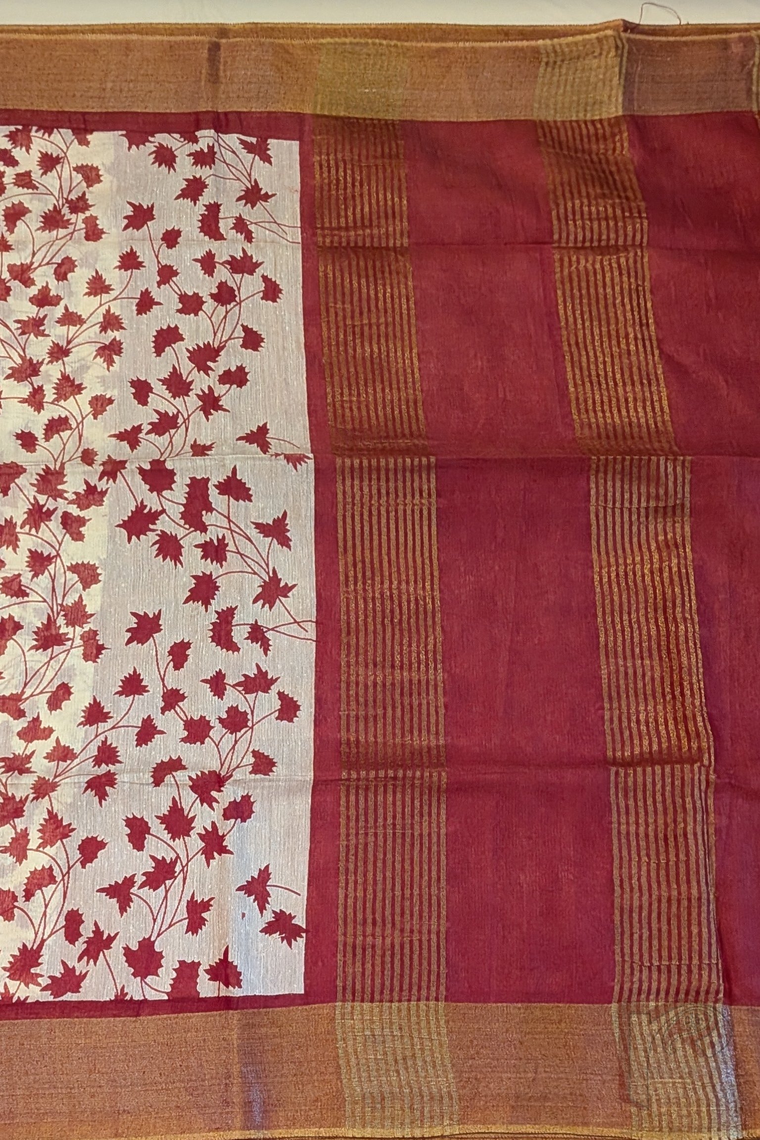 Jayshree Jiva - Cream Jayshree Staple Cotton Silk Saree with Red Leaf Stem Print and Red-Gold Accents - Image 8