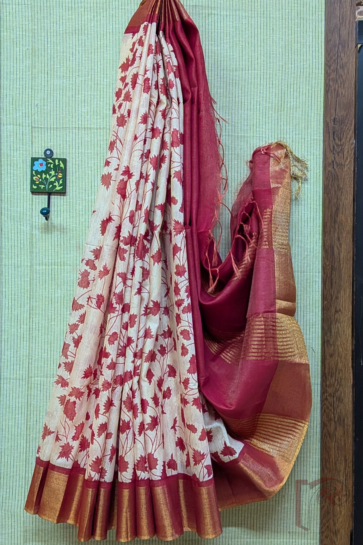 Jayshree Jiva - Cream Jayshree Staple Cotton Silk Saree with Red Leaf Stem Print and Red-Gold Accents