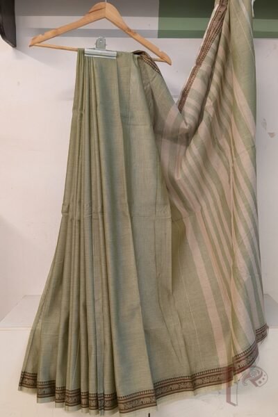 Ilkal Heritage - Light Pista Green Mercerized Cotton Ilkal Saree with Off White Striped Pallu