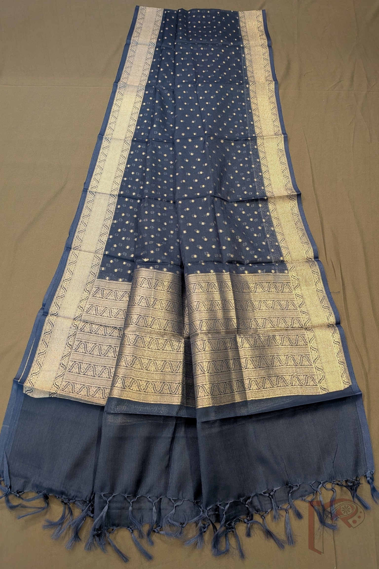 Suit Stories – Navy Blue Cotton Silk Banarasi Suit Material with Honeycomb Weave & Gold Polki Dot Dupatta - Image 3