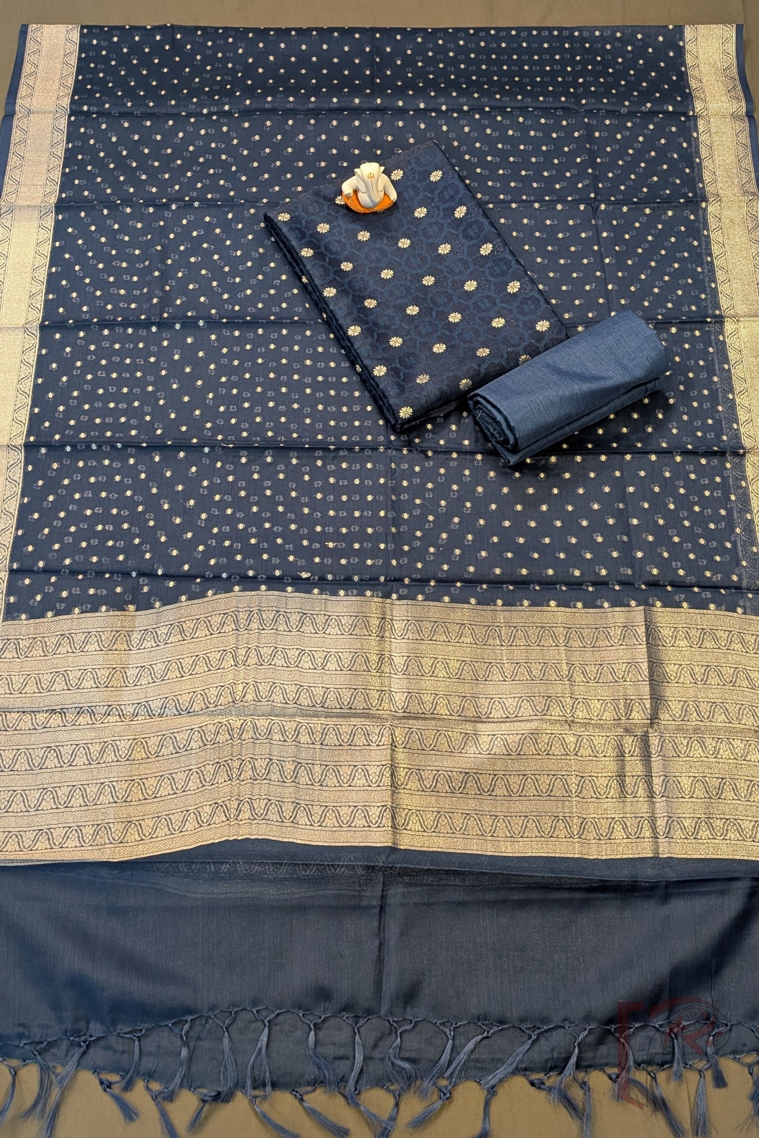 Suit Stories – Navy Blue Cotton Silk Banarasi Suit Material with Honeycomb Weave & Gold Polki Dot Dupatta