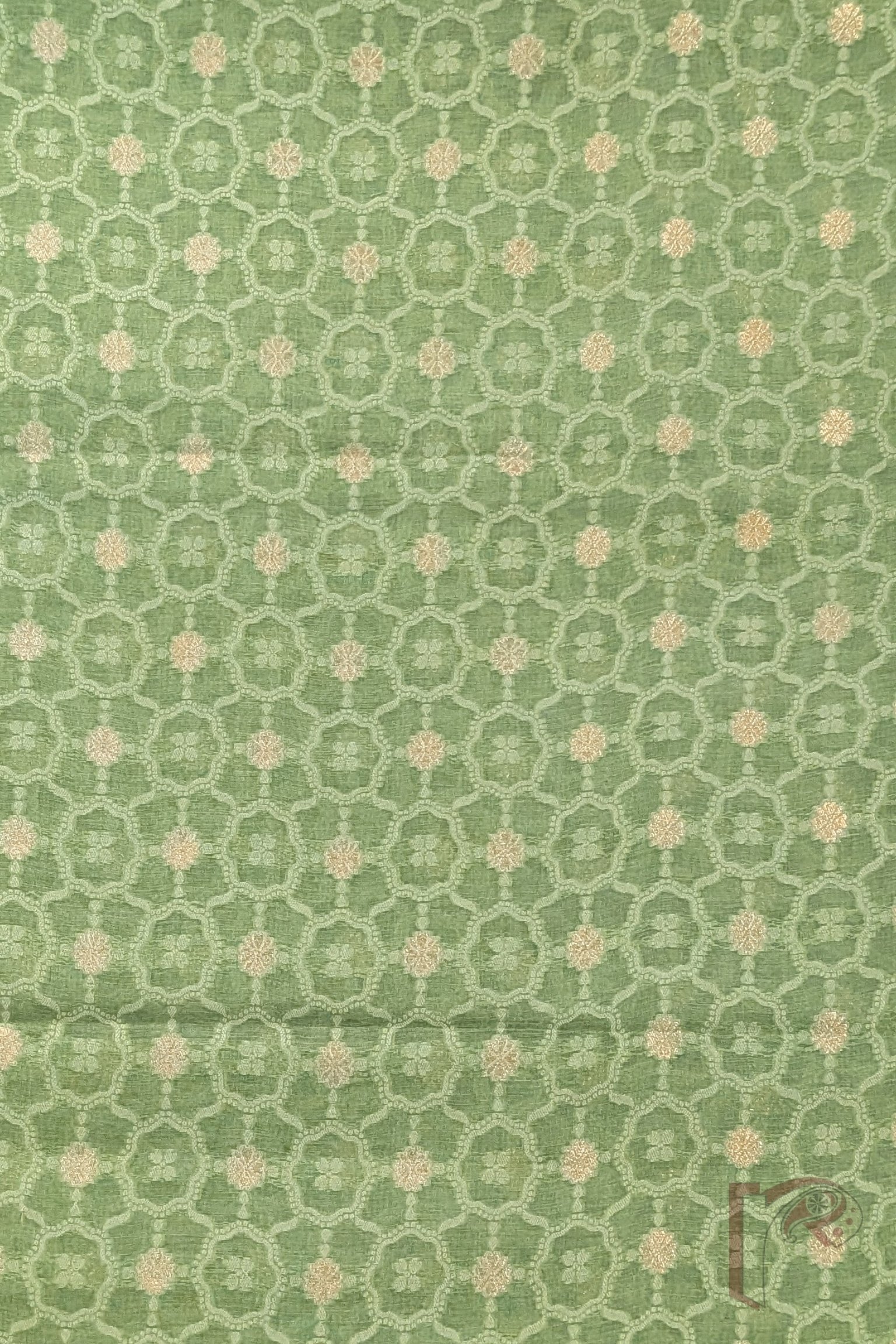 Suit Stories – Leaf Green Cotton Silk Banarasi Suit Material with Honeycomb Weave & Gold Pan-Leaf Line Dupatta - Image 2