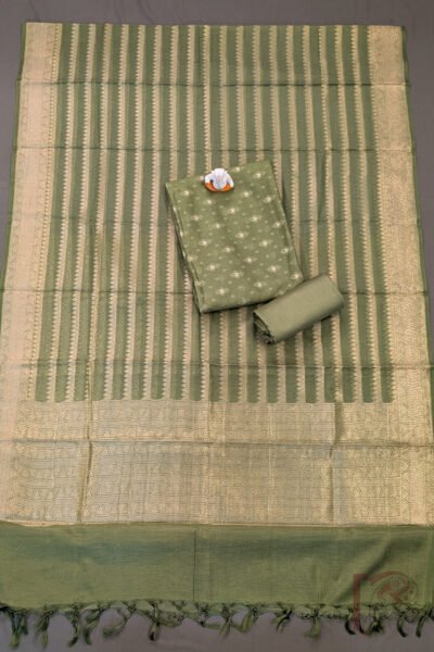 Suit Stories – New Leaf Green Cotton Silk Banarasi Suit Material with Leaf Weave & Gold Pan-Leaf Line Dupatta