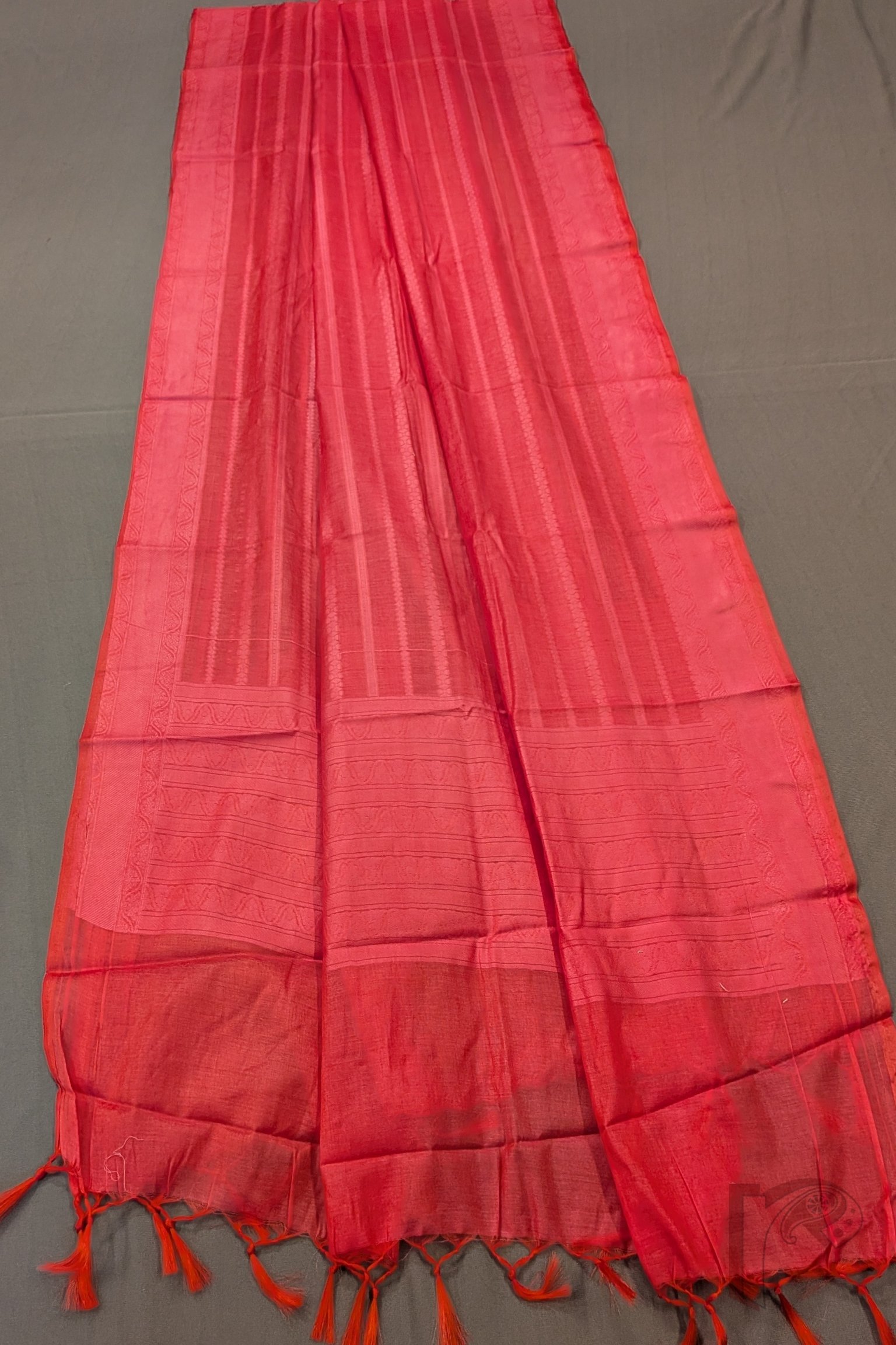 Suit Stories – Tomato Pink Cotton Silk Banarasi Suit Material with Leaf Motifs & Abstract Paithani-Style Dupatta - Image 3