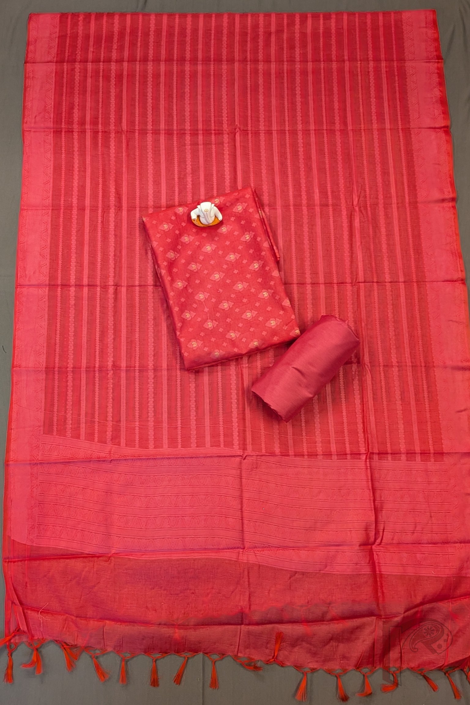 Suit Stories – Tomato Pink Cotton Silk Banarasi Suit Material with Leaf Motifs & Abstract Paithani-Style Dupatta