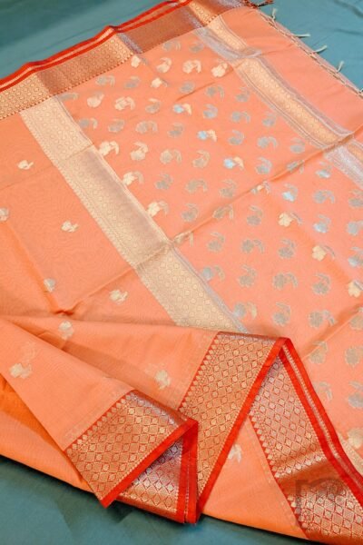 Banarasi Bloom: Light Orange Cotton Silk Blended Banarasi Floral Zari Border Saree