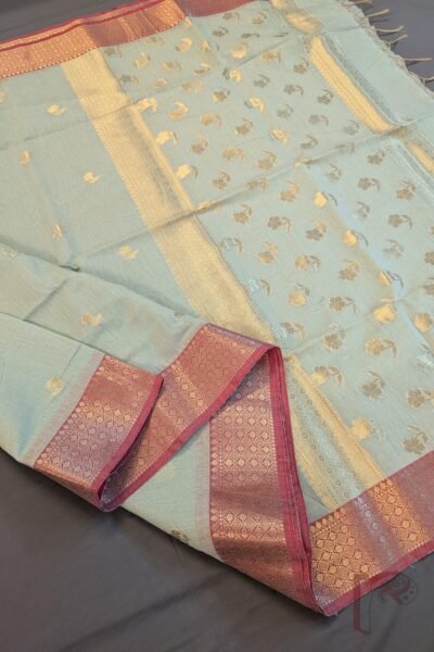 Banarasi Bloom: Light Pista Green Cotton Silk Blended Banarasi Floral Zari Border Saree