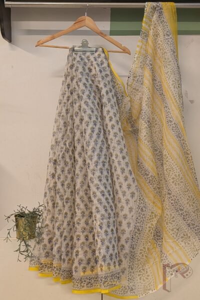 Kota Katha – White Kota Cotton Saree with Blue Green Floral Motifs and Yellow Selvage