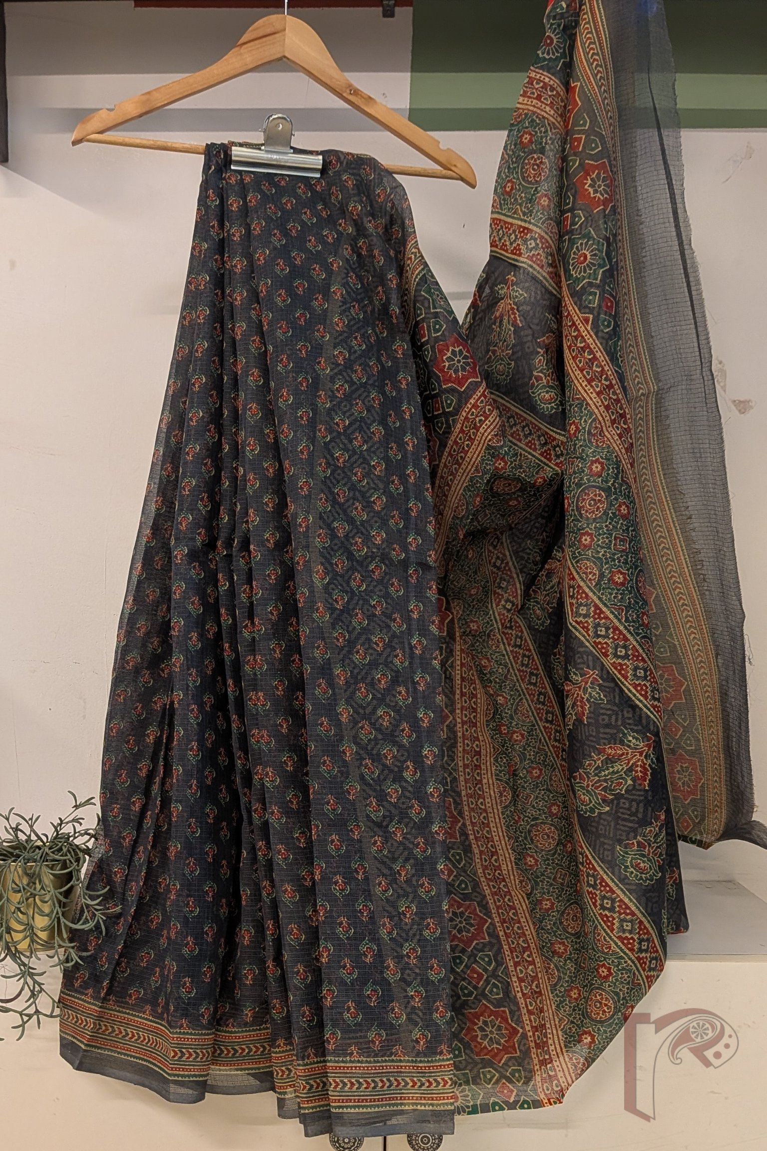 Kota Katha – Dark Green Grey Kota Cotton Saree with Mini Floral Motifs and Ajrakh Pallu