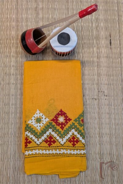 Bright Orange Cotton Blouse with Multicolour Zig-Zag and Diamond Kutch Embroidery