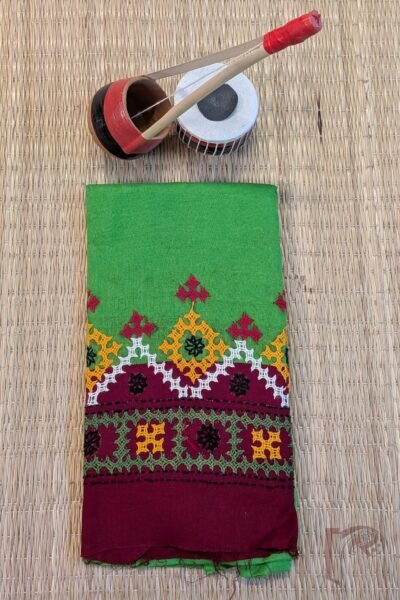 Parrot Green Cotton Blouse with Maroon Border and Multicolour Diamond–Square Kutch Embroidery