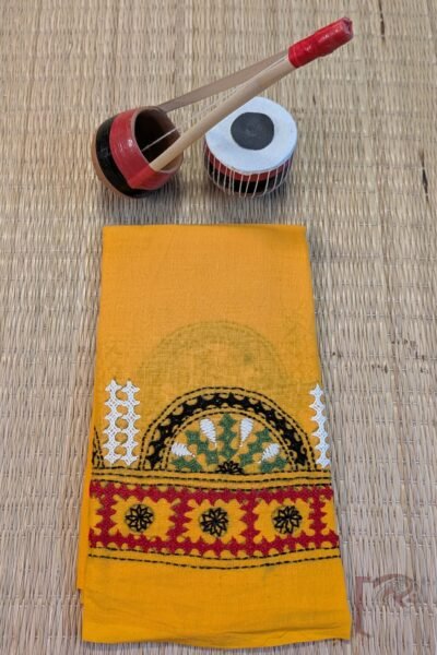 Bright Orange Cotton Blouse with Multicolour Half-Circle and Square Kutch Embroidery