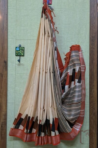 Linen Loom - Cream Cotton Linen Saree with Burnt Orange & Silver Zari Border and Abstract Rectangular Pallu
