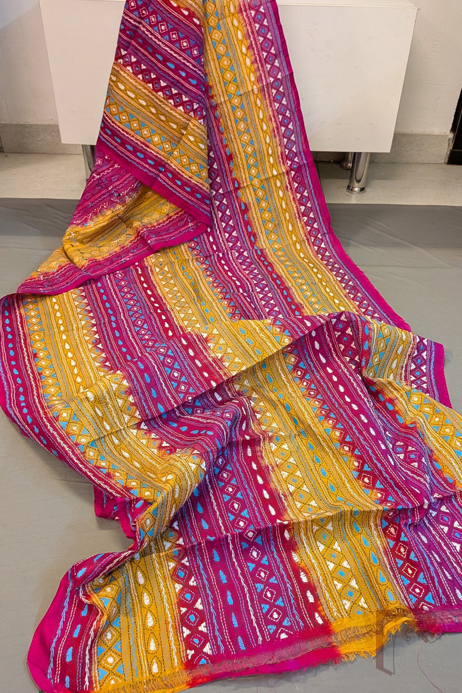 Dreamy Drapes - Magenta Mustard Dual Tone Tussar Kantha Dupatta with Blue White Black Geometric Layers - Image 3