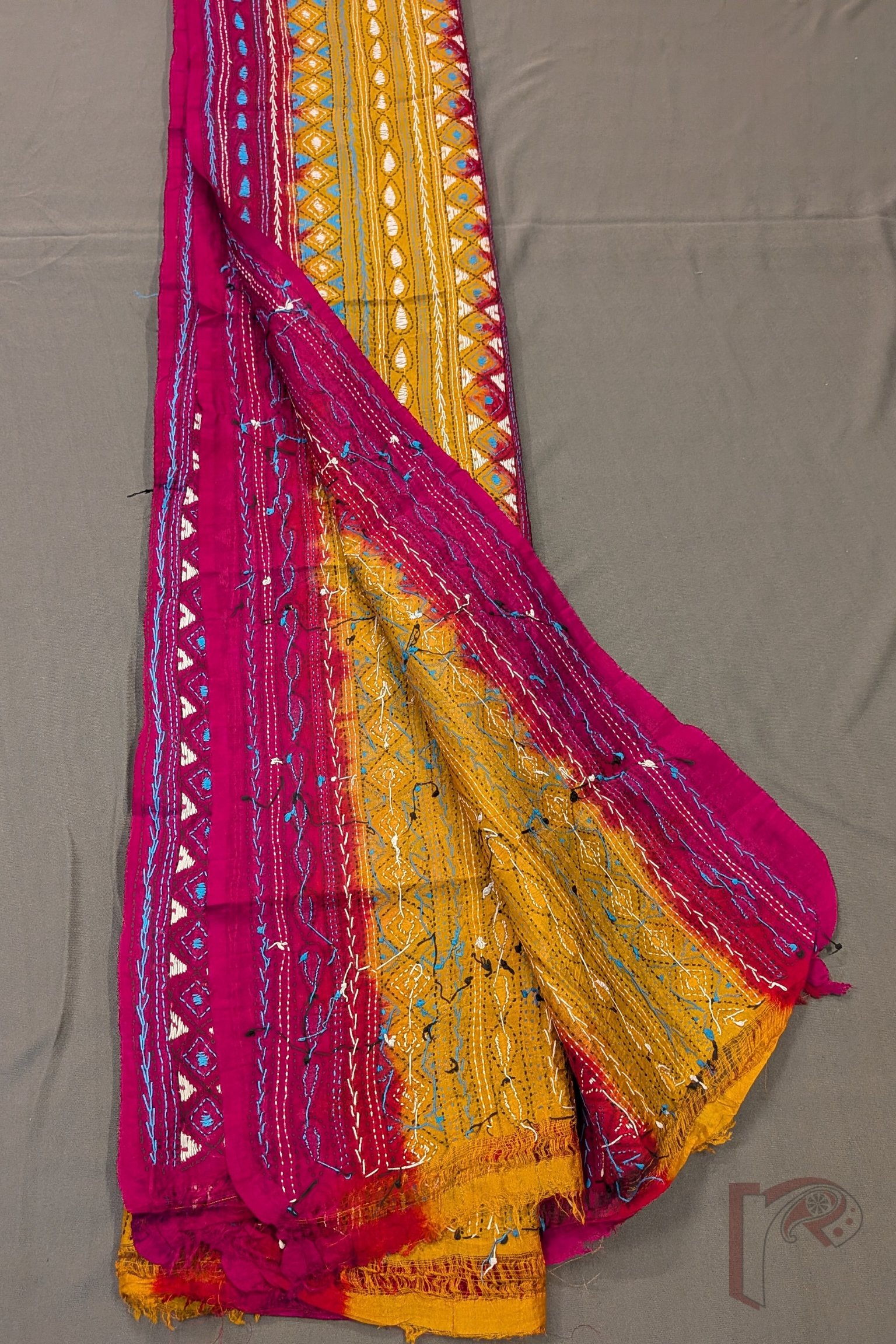 Dreamy Drapes - Magenta Mustard Dual Tone Tussar Kantha Dupatta with Blue White Black Geometric Layers - Image 6