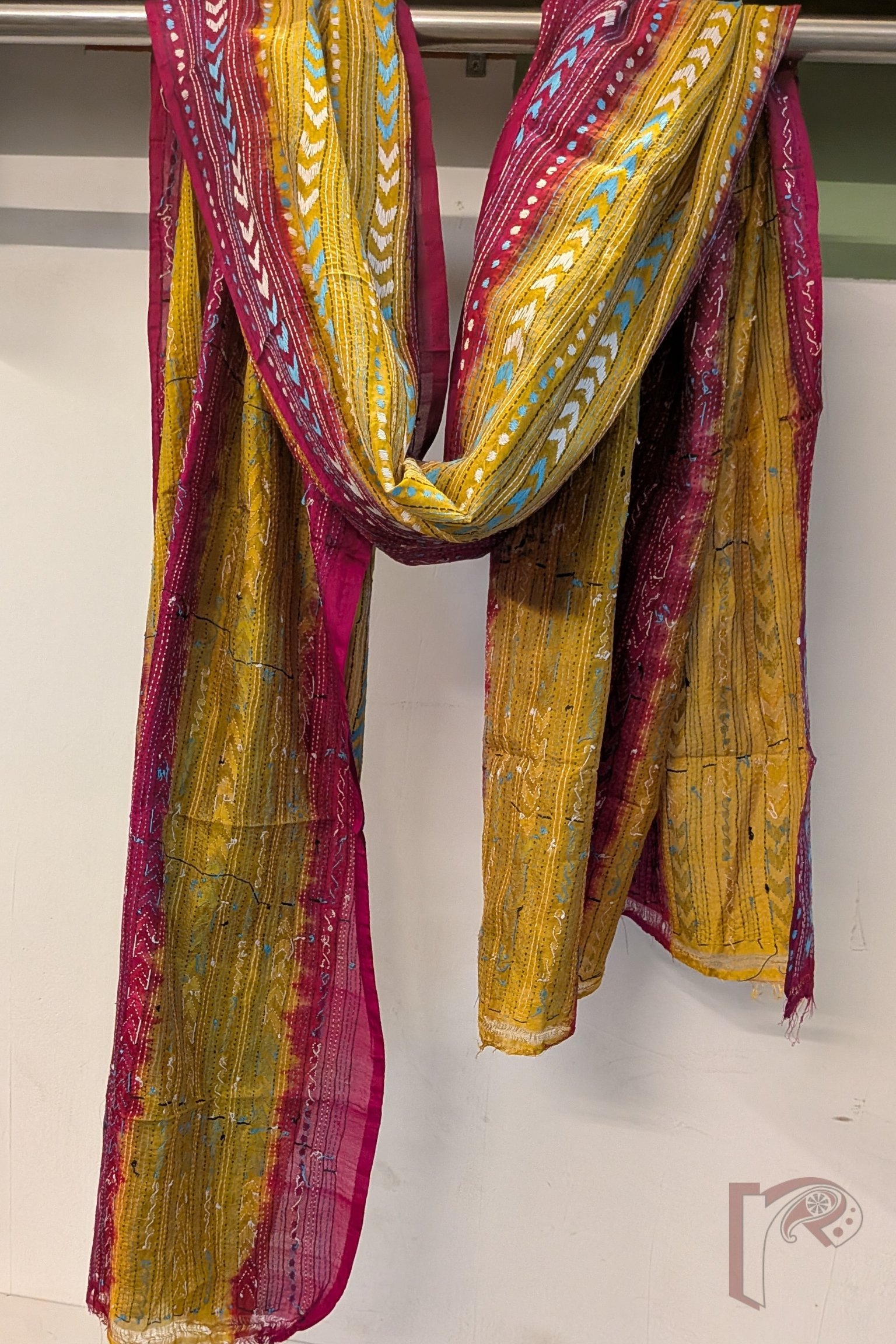 Dreamy Drapes - Magenta Mango Yellow Dual Tone Tussar Kantha Dupatta with Herringbone and Dot Motifs - Image 2