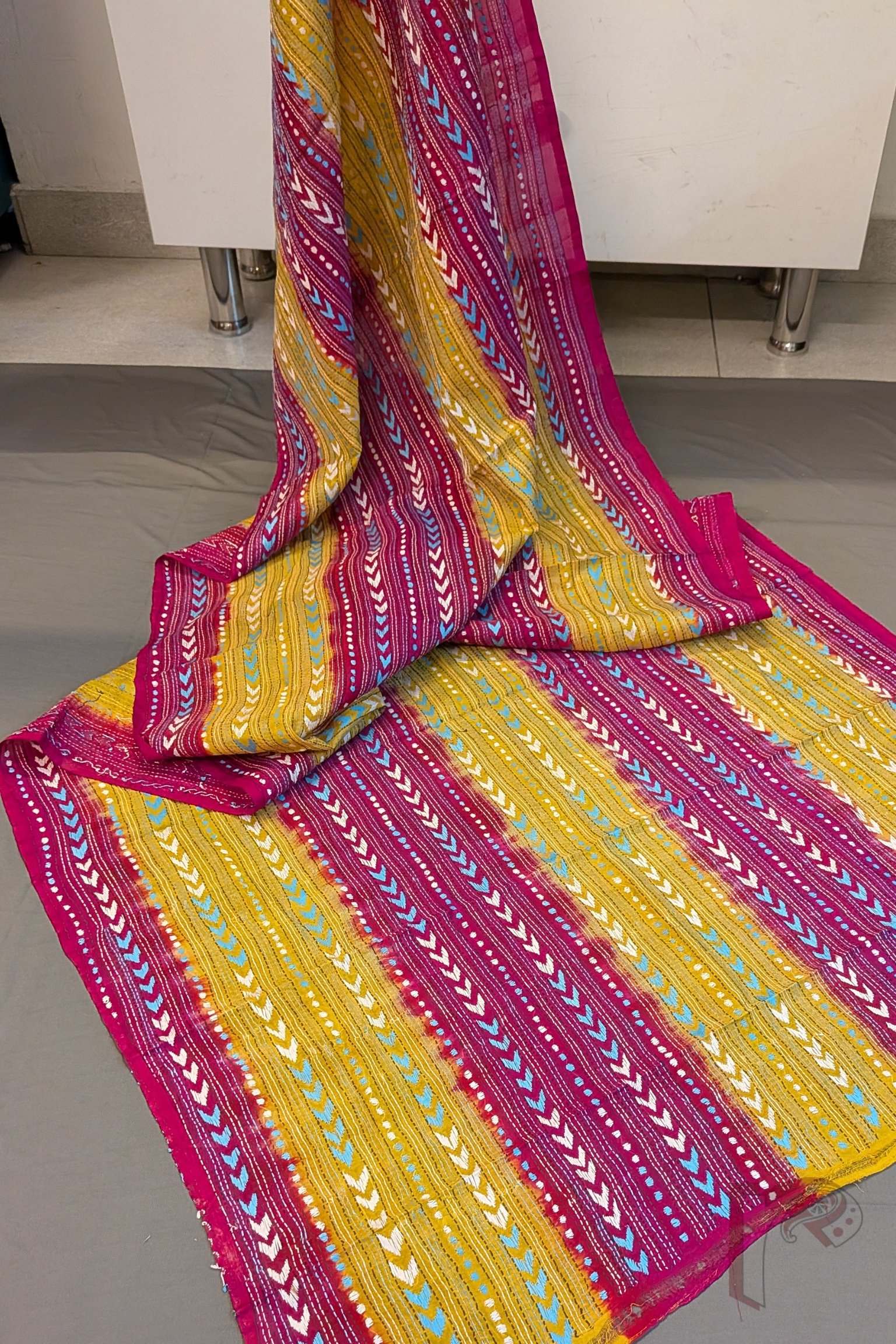 Dreamy Drapes - Magenta Mango Yellow Dual Tone Tussar Kantha Dupatta with Herringbone and Dot Motifs - Image 3
