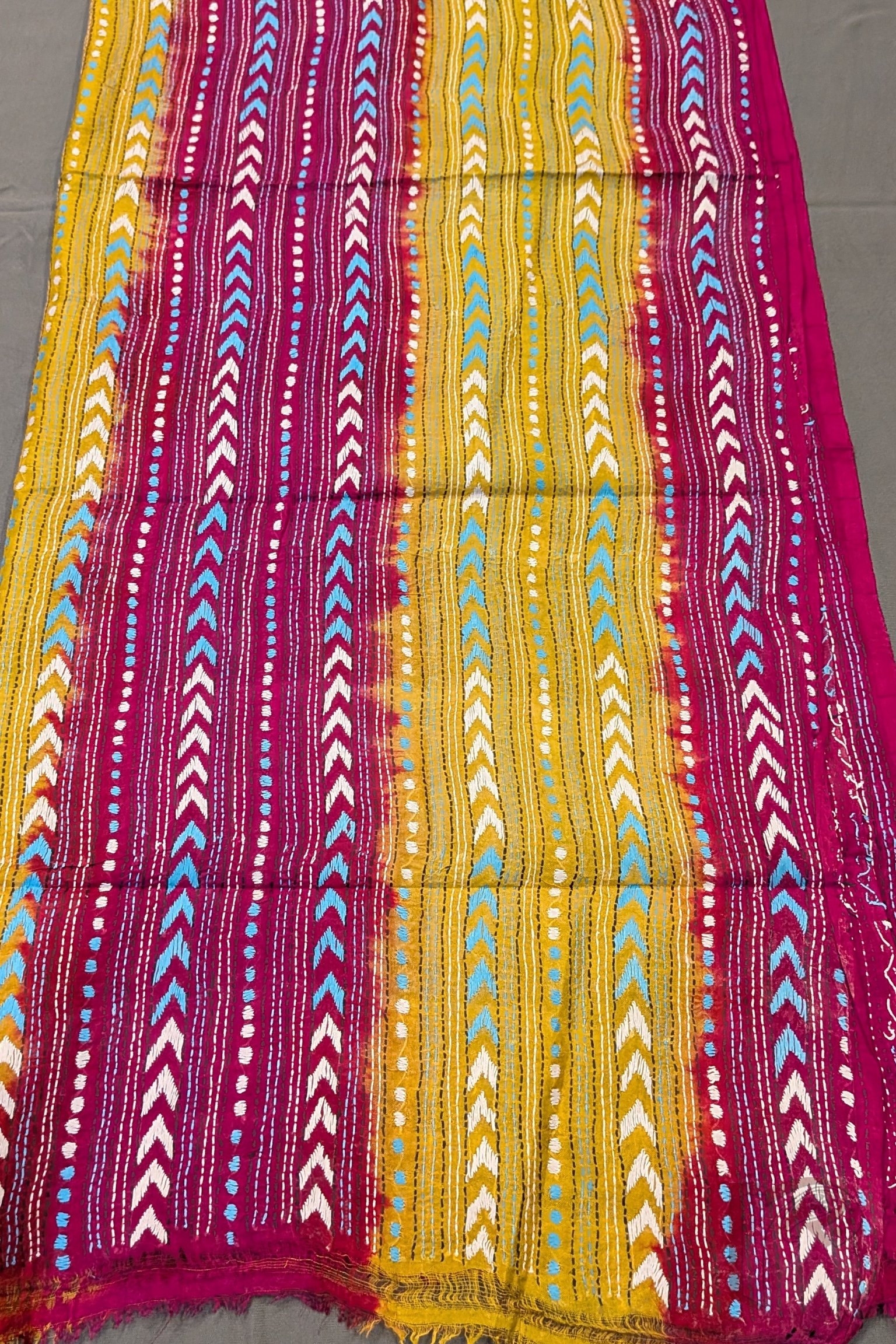Dreamy Drapes - Magenta Mango Yellow Dual Tone Tussar Kantha Dupatta with Herringbone and Dot Motifs - Image 5