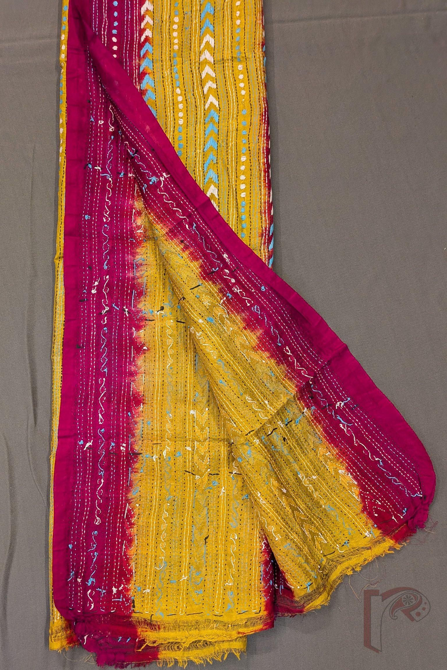 Dreamy Drapes - Magenta Mango Yellow Dual Tone Tussar Kantha Dupatta with Herringbone and Dot Motifs - Image 6