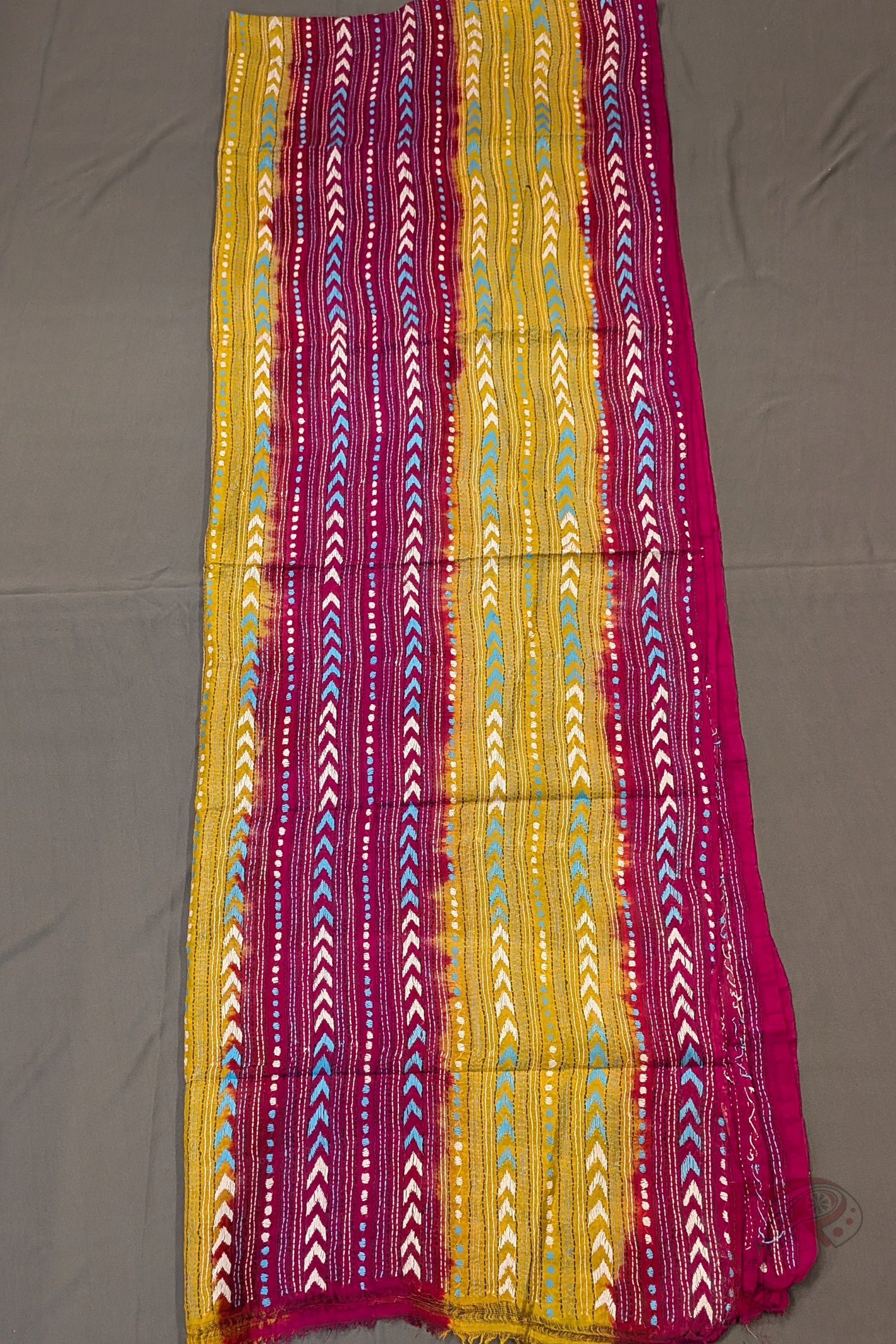 Dreamy Drapes - Magenta Mango Yellow Dual Tone Tussar Kantha Dupatta with Herringbone and Dot Motifs - Image 7