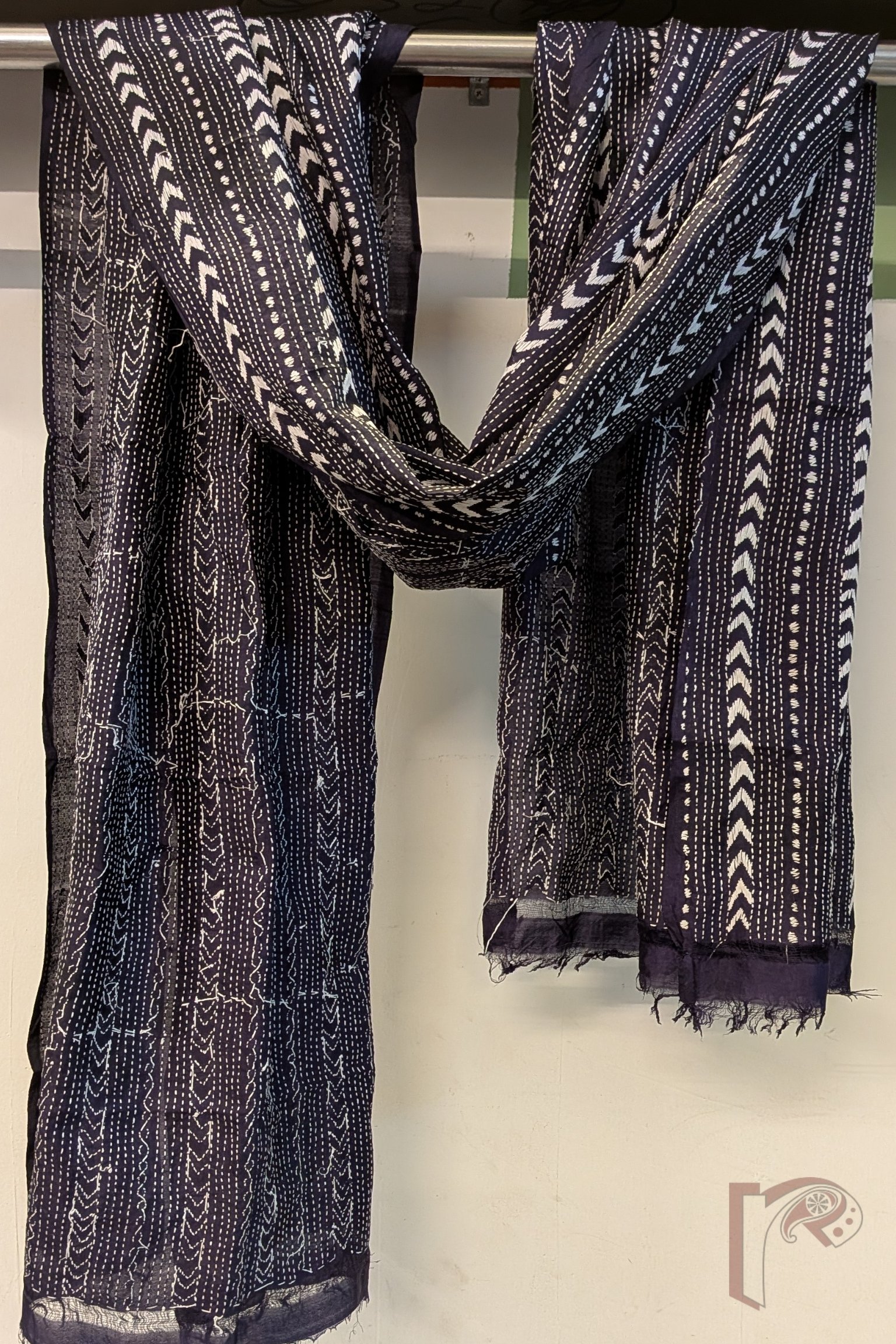 Dreamy Drapes - Navy Blue Tussar Kantha Dupatta with White Intricate Geometric Stitch Work - Image 2