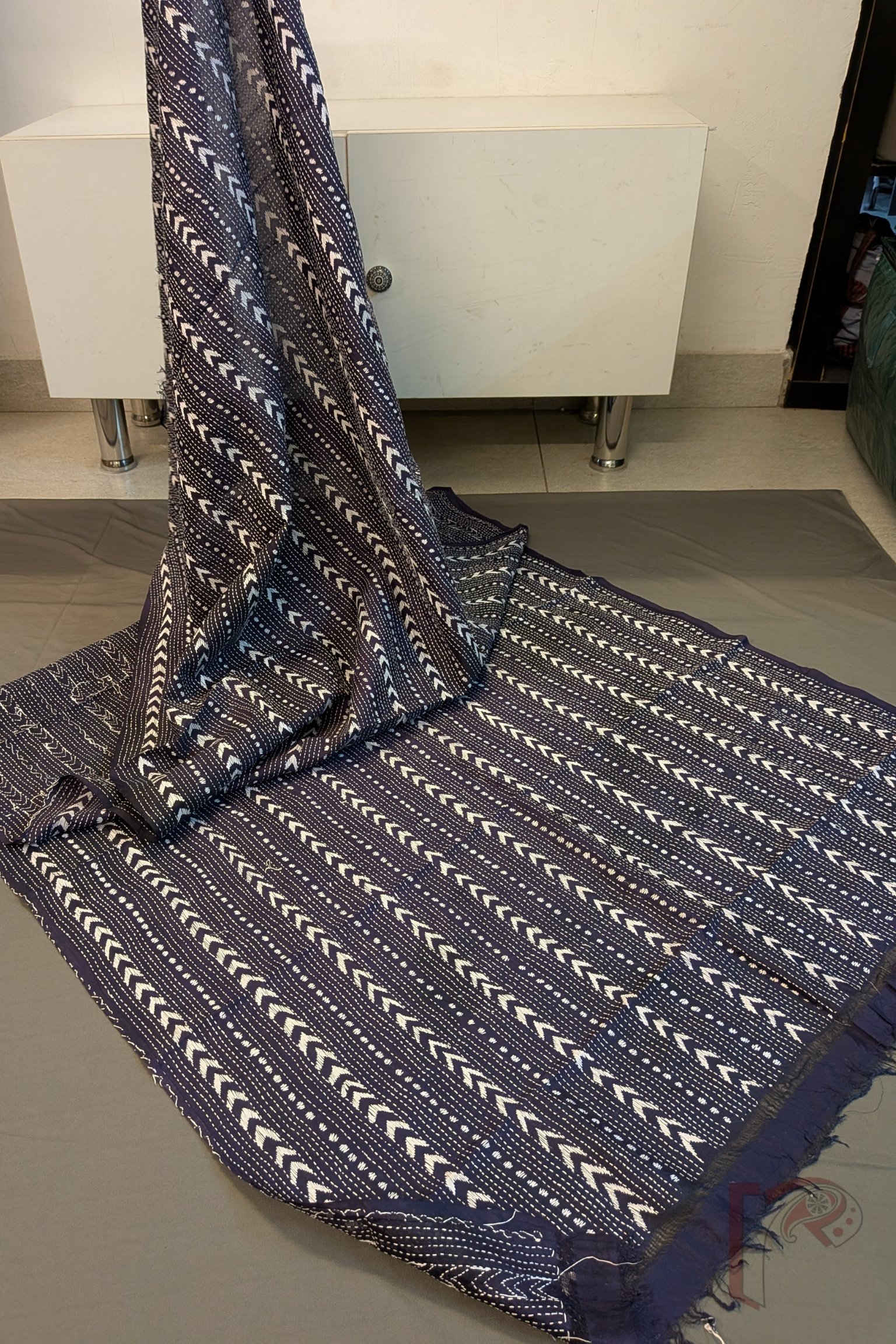 Dreamy Drapes - Navy Blue Tussar Kantha Dupatta with White Intricate Geometric Stitch Work - Image 3