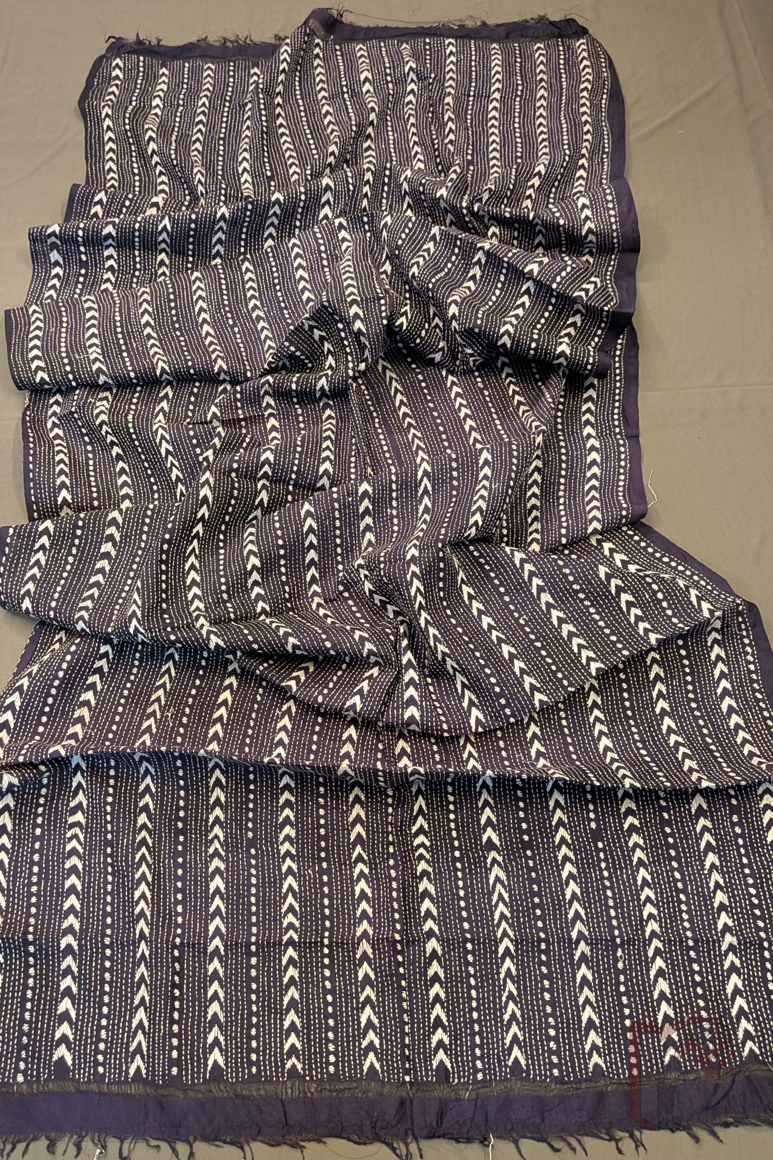 Dreamy Drapes - Navy Blue Tussar Kantha Dupatta with White Intricate Geometric Stitch Work - Image 4