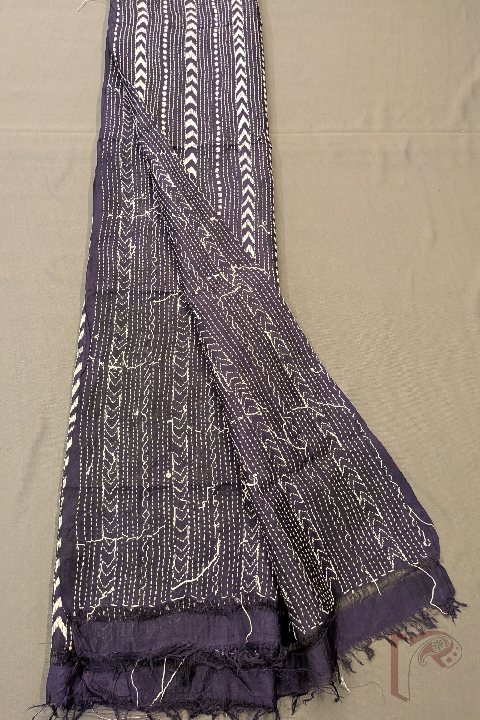 Dreamy Drapes - Navy Blue Tussar Kantha Dupatta with White Intricate Geometric Stitch Work - Image 6