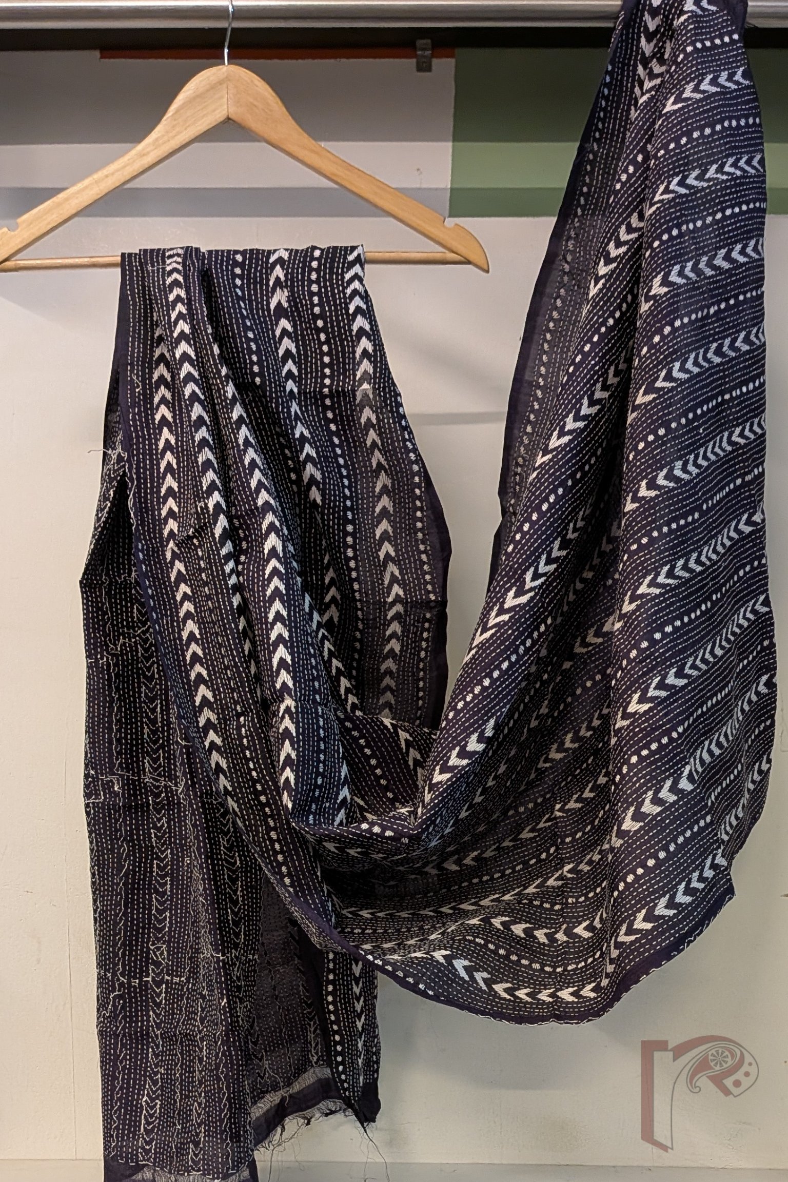 Dreamy Drapes - Navy Blue Tussar Kantha Dupatta with White Intricate Geometric Stitch Work