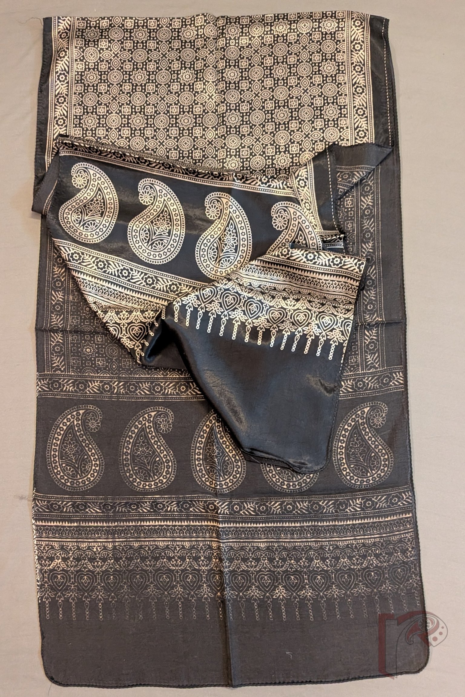 Dreamy Drapes - Classic Black Modal Silk Ajrakh Stole with Cream Circular Motifs, Star Florals and Kairi Borders - Image 2