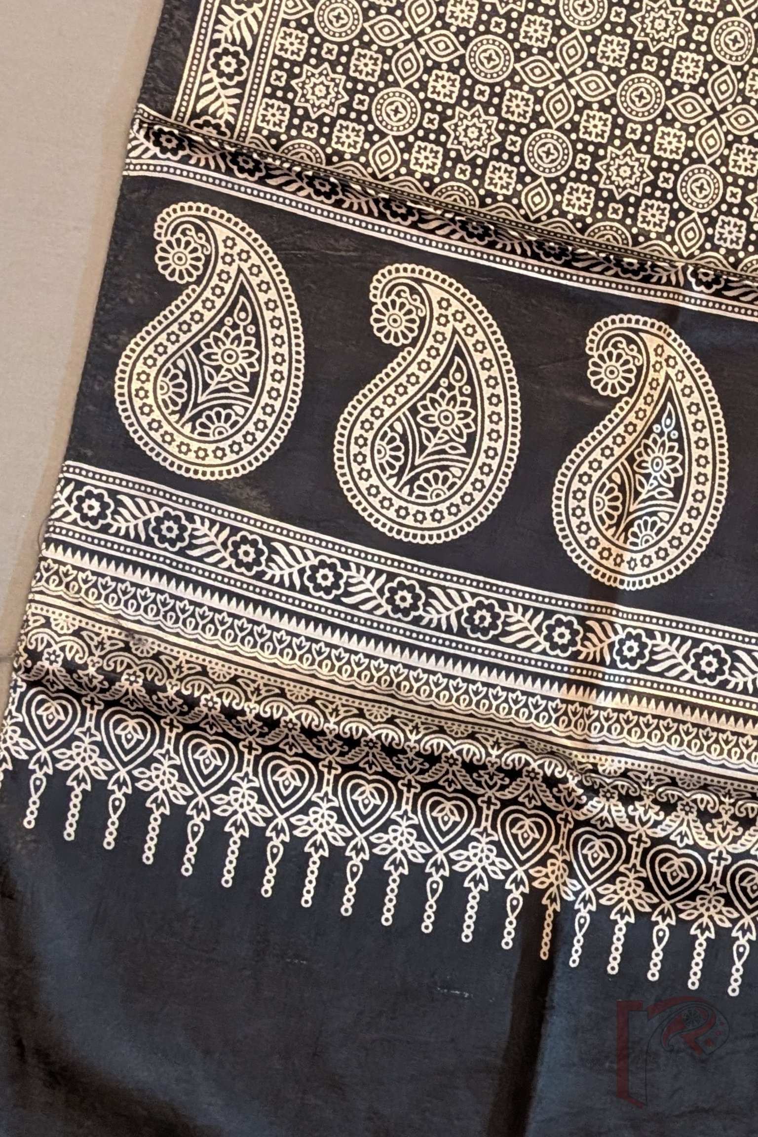 Dreamy Drapes - Classic Black Modal Silk Ajrakh Stole with Cream Circular Motifs, Star Florals and Kairi Borders - Image 3