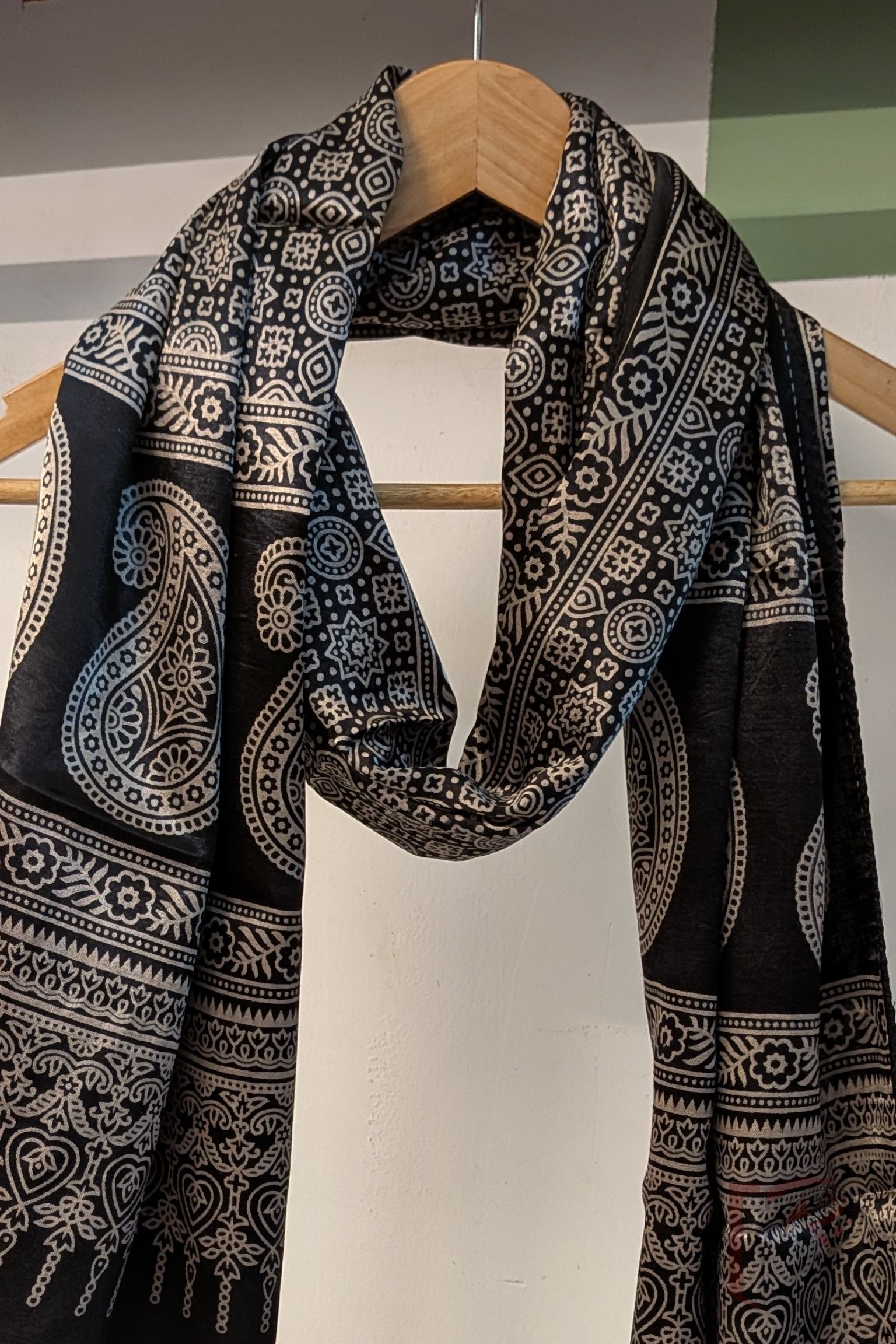 Dreamy Drapes - Classic Black Modal Silk Ajrakh Stole with Cream Circular Motifs, Star Florals and Kairi Borders - Image 4