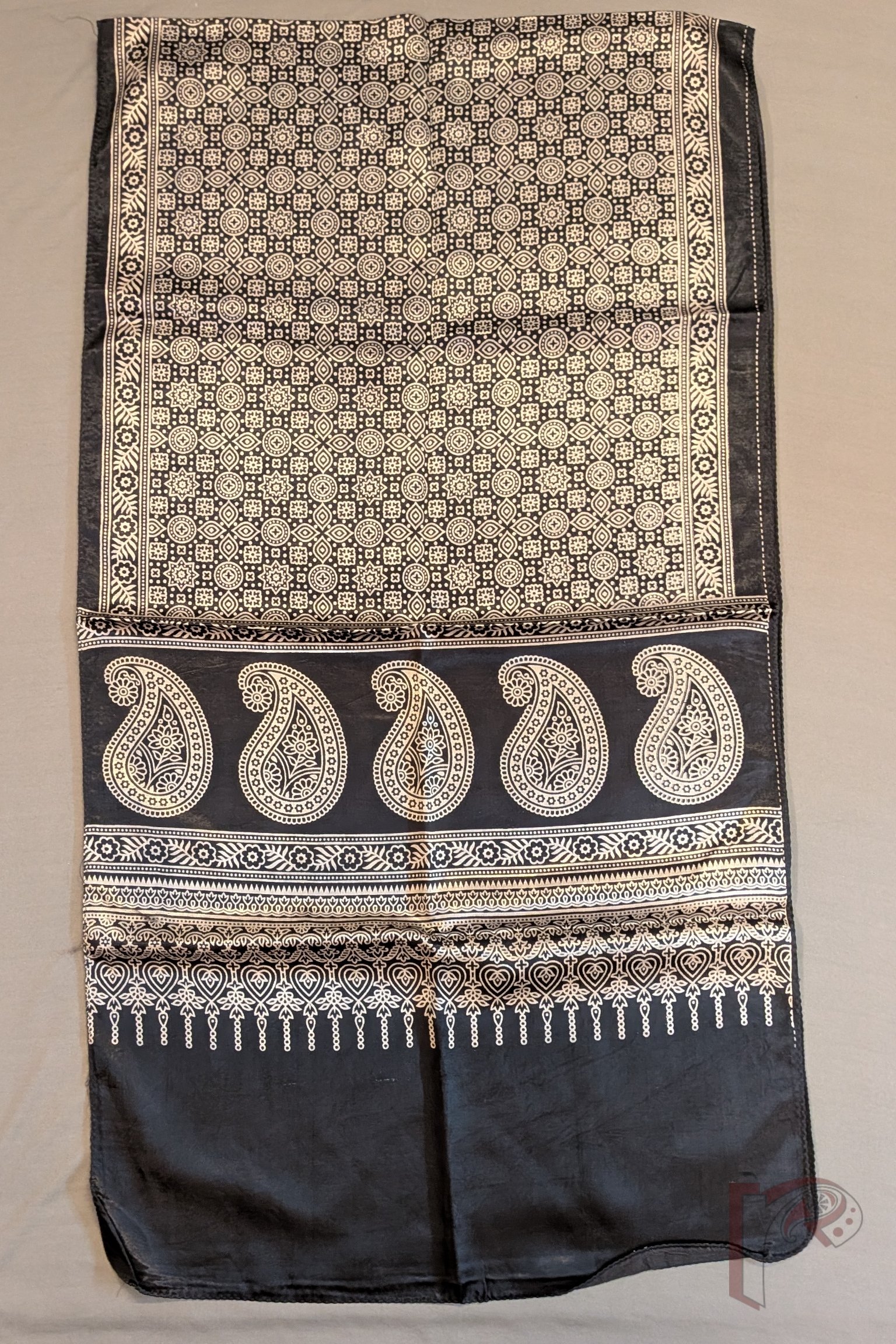 Dreamy Drapes - Classic Black Modal Silk Ajrakh Stole with Cream Circular Motifs, Star Florals and Kairi Borders - Image 5