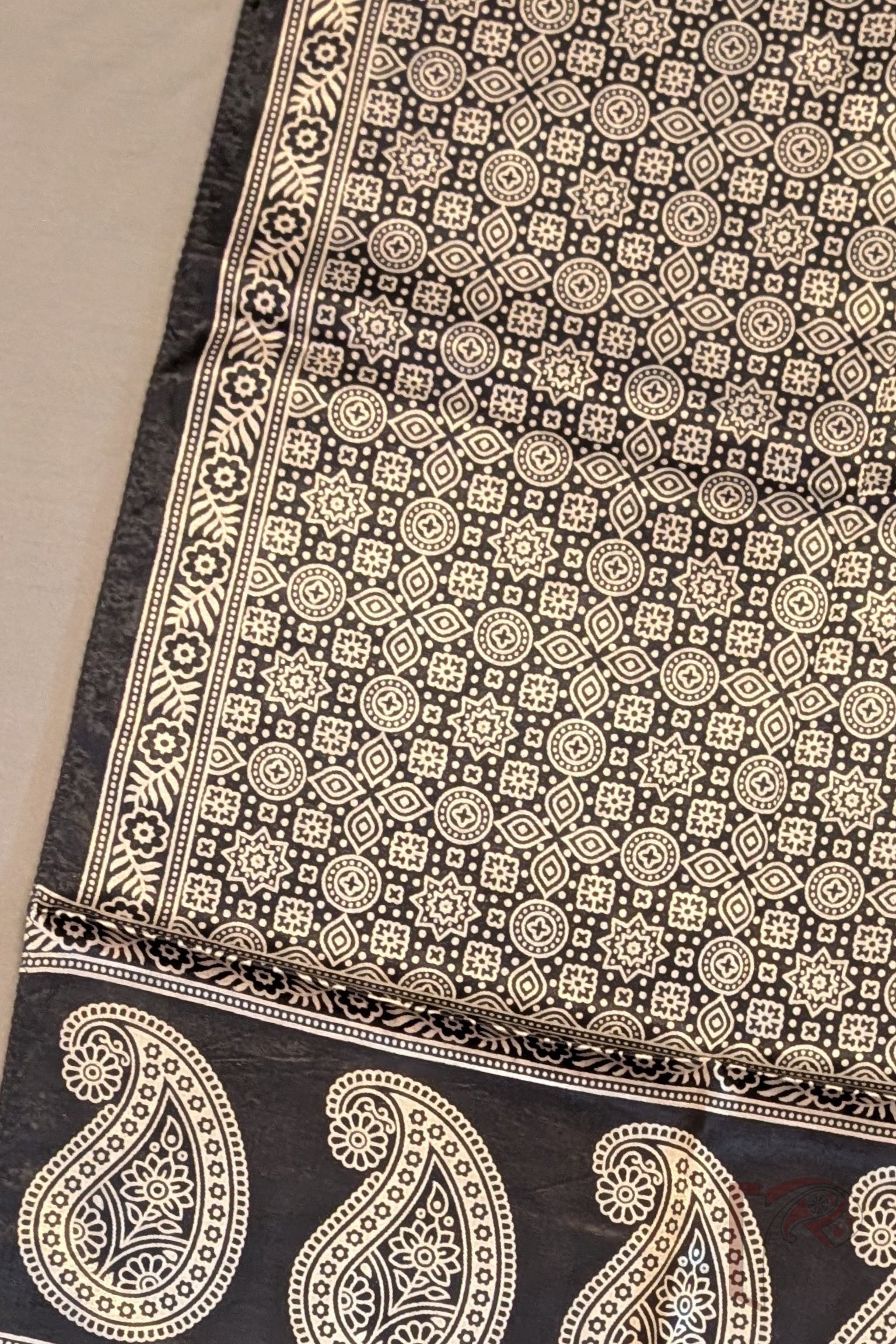 Dreamy Drapes - Classic Black Modal Silk Ajrakh Stole with Cream Circular Motifs, Star Florals and Kairi Borders - Image 6