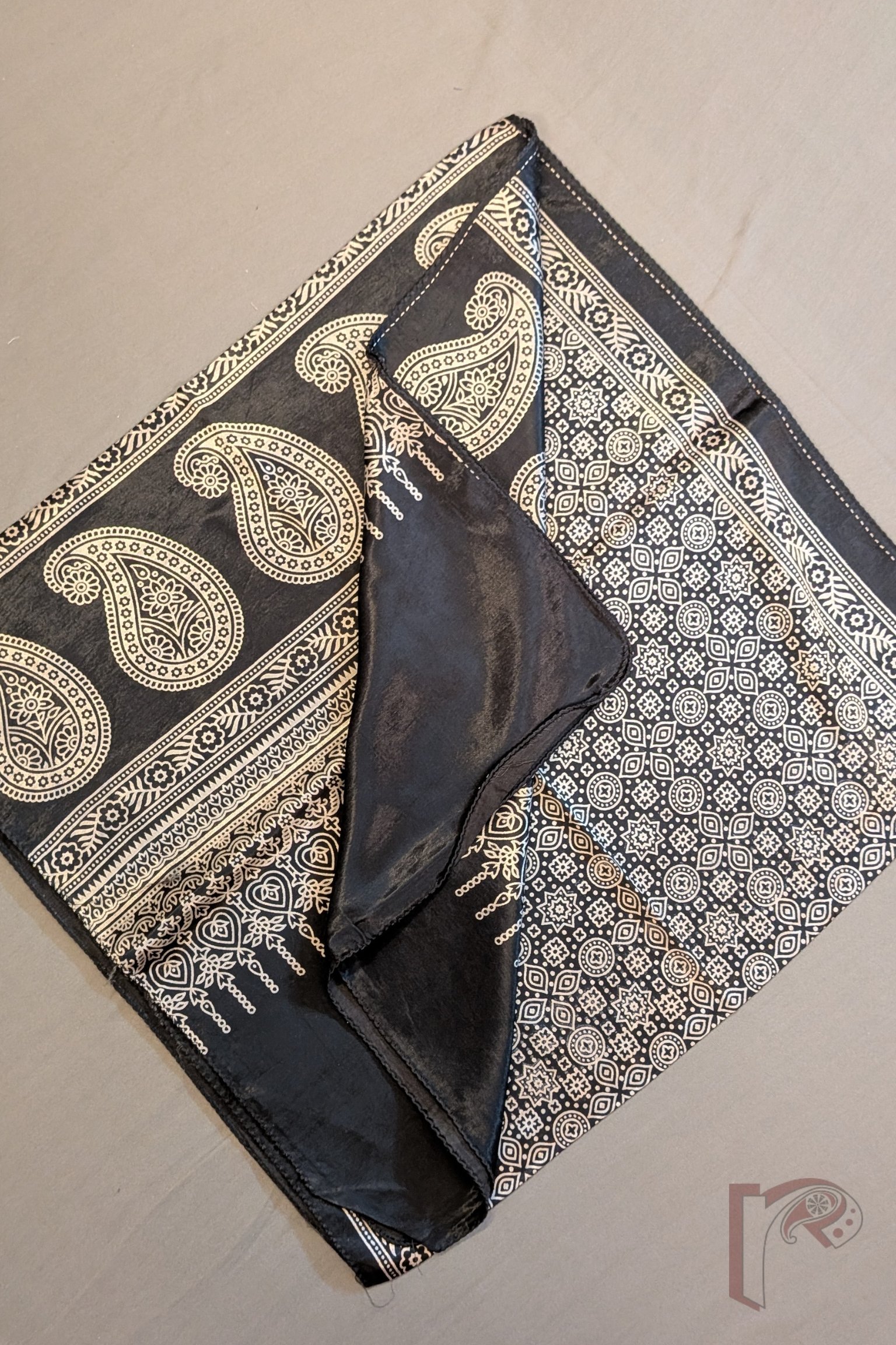 Dreamy Drapes - Classic Black Modal Silk Ajrakh Stole with Cream Circular Motifs, Star Florals and Kairi Borders - Image 7