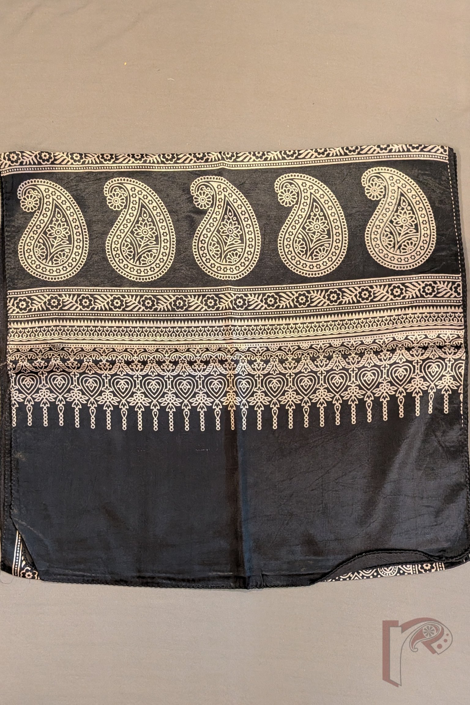 Dreamy Drapes - Classic Black Modal Silk Ajrakh Stole with Cream Circular Motifs, Star Florals and Kairi Borders - Image 8