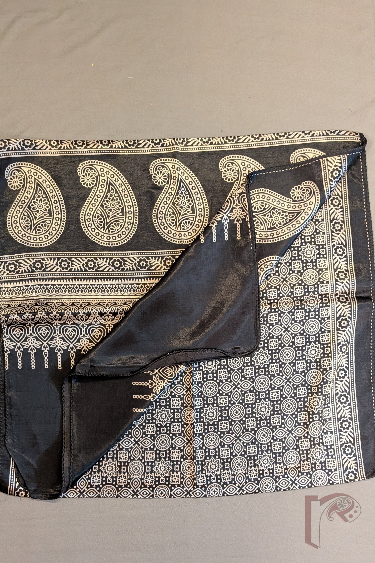 Dreamy Drapes - Classic Black Modal Silk Ajrakh Stole with Cream Circular Motifs, Star Florals and Kairi Borders - Image 9