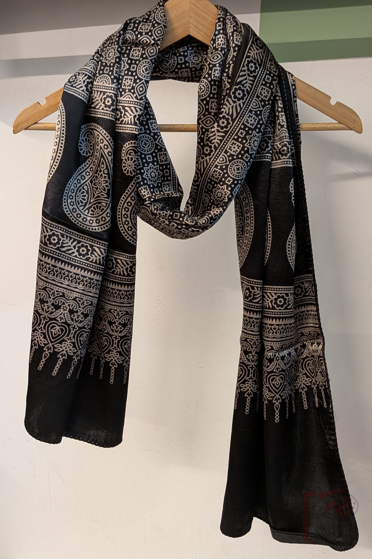 Dreamy Drapes - Classic Black Modal Silk Ajrakh Stole with Cream Circular Motifs, Star Florals and Kairi Borders