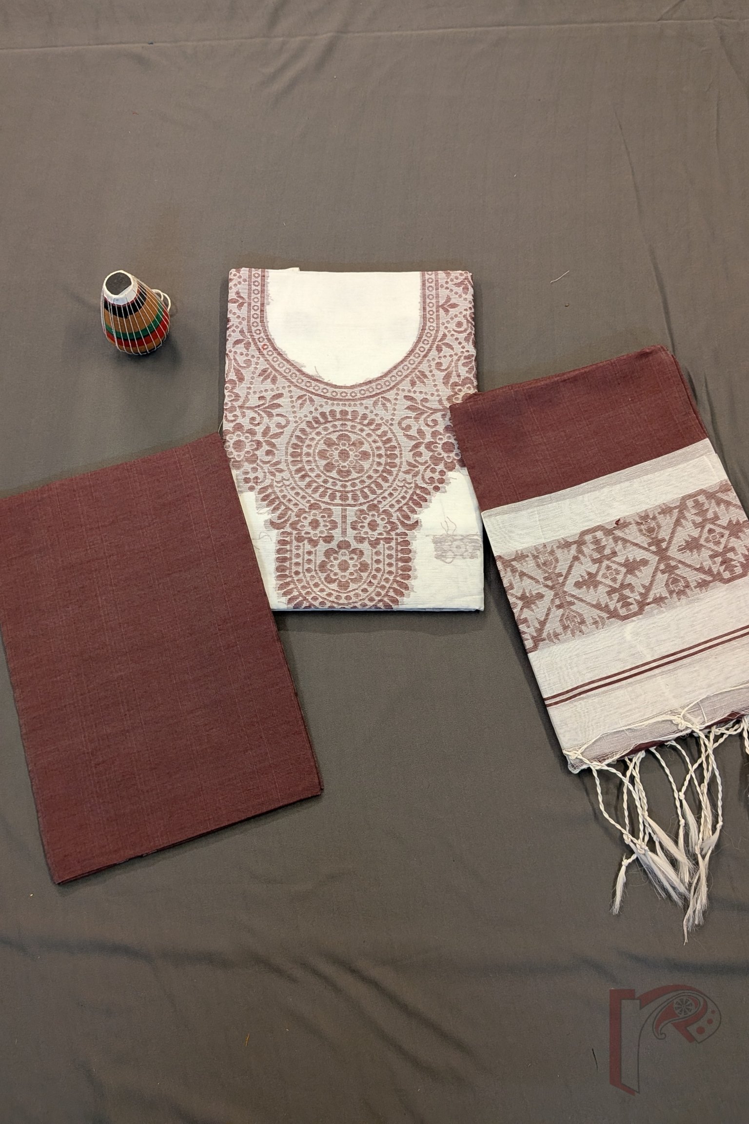 Suit Stories – Off White and Coffee Brown Fine Cotton Jamdani Suit Set with Circular Floral Yoke and Dot Motifs - Image 2