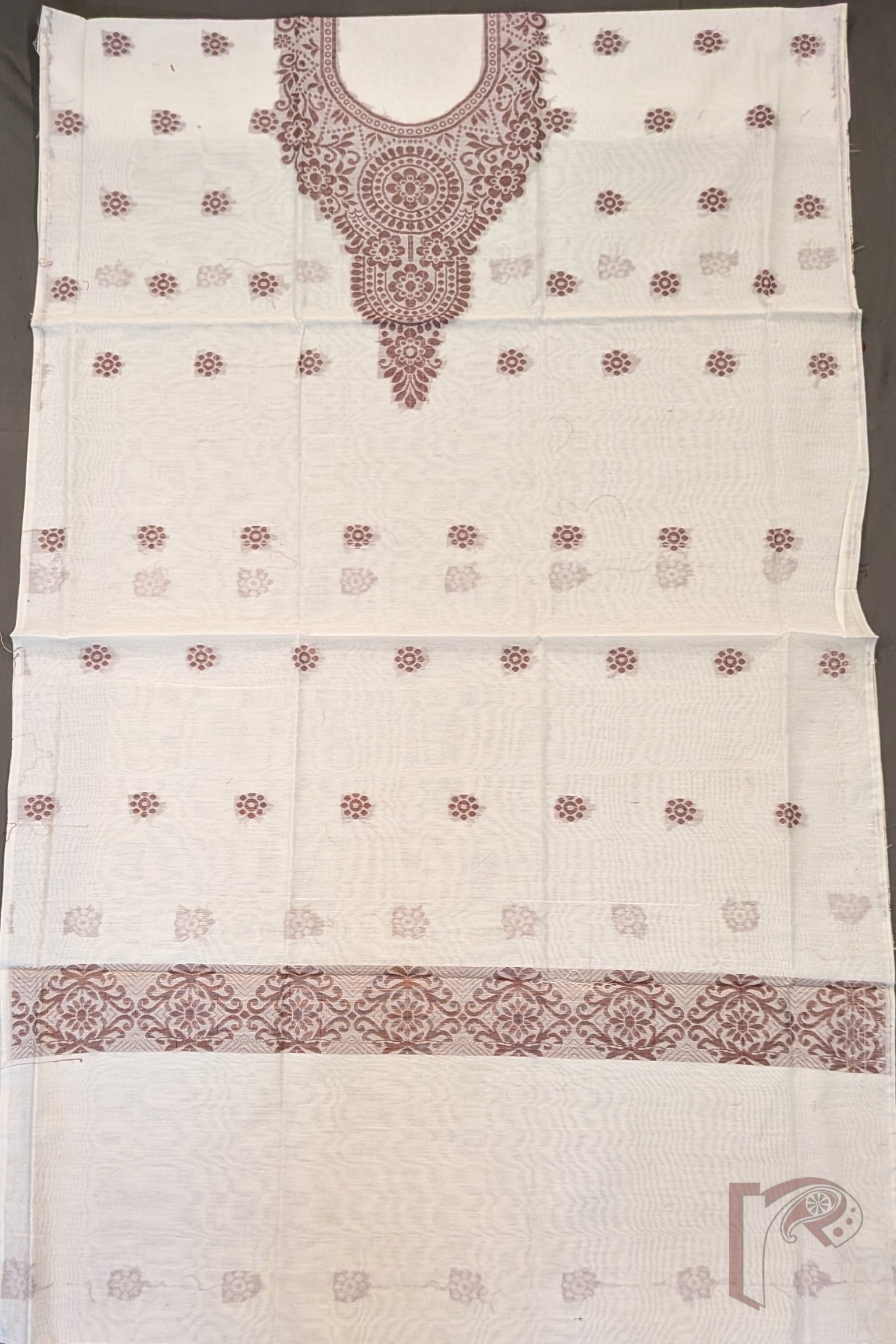 Suit Stories – Off White and Coffee Brown Fine Cotton Jamdani Suit Set with Circular Floral Yoke and Dot Motifs - Image 3