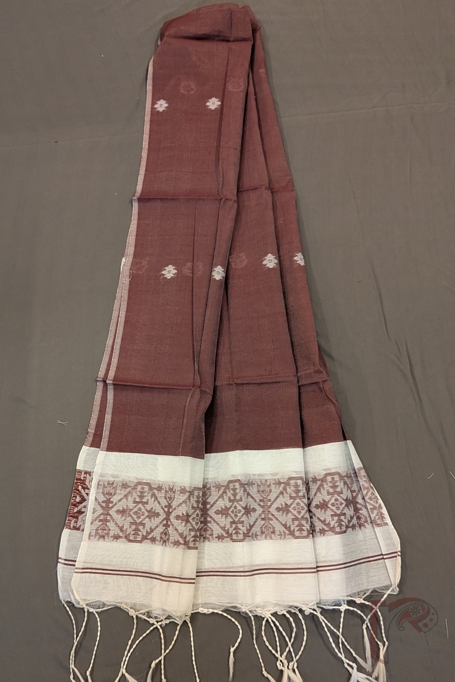 Suit Stories – Off White and Coffee Brown Fine Cotton Jamdani Suit Set with Circular Floral Yoke and Dot Motifs - Image 5