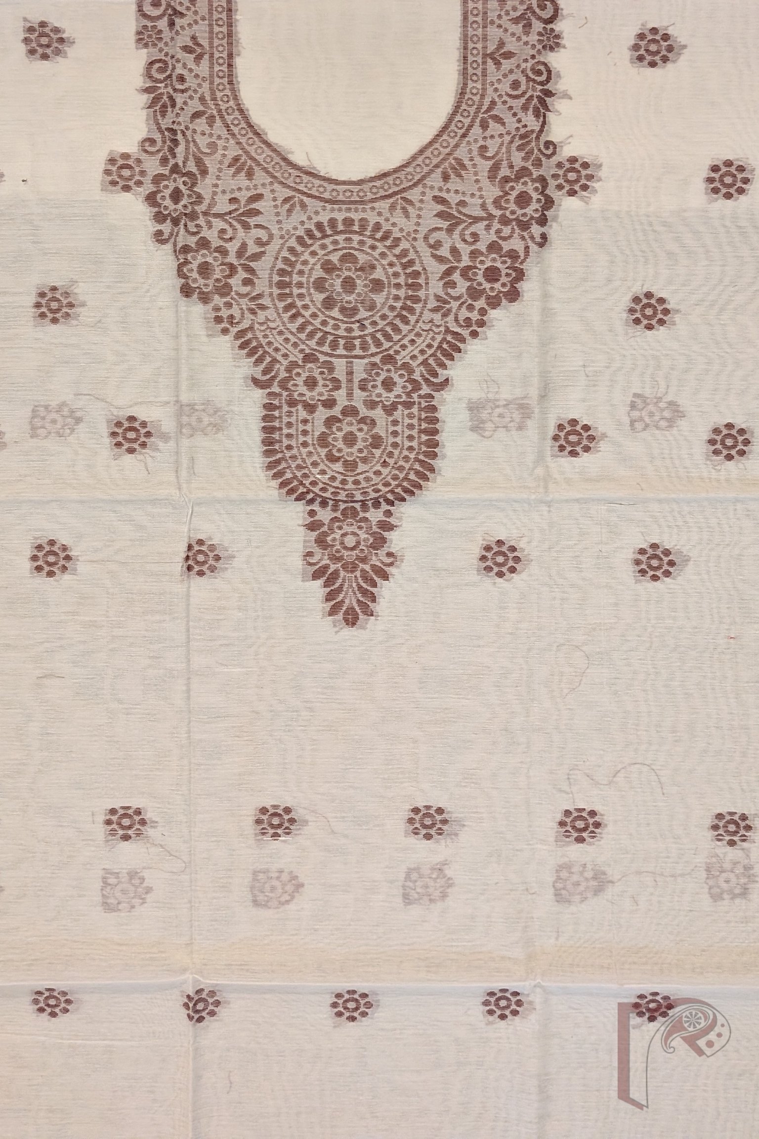 Suit Stories – Off White and Coffee Brown Fine Cotton Jamdani Suit Set with Circular Floral Yoke and Dot Motifs - Image 6