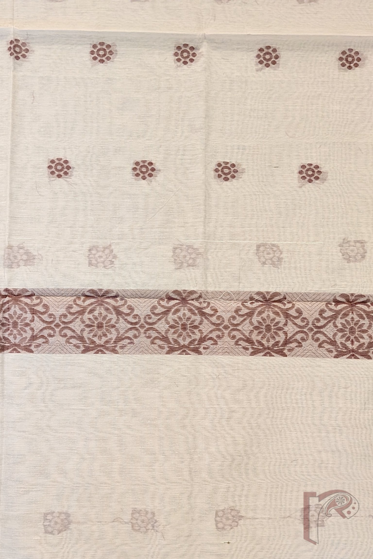 Suit Stories – Off White and Coffee Brown Fine Cotton Jamdani Suit Set with Circular Floral Yoke and Dot Motifs - Image 7