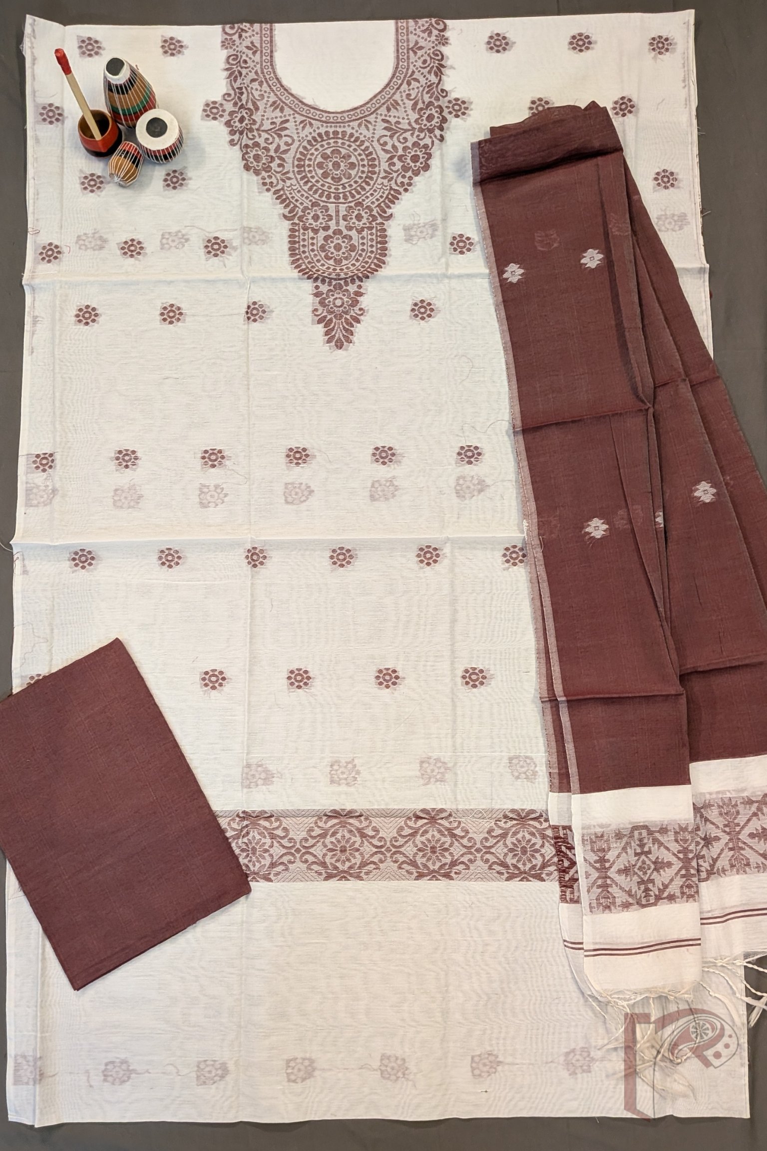 Suit Stories – Off White and Coffee Brown Fine Cotton Jamdani Suit Set with Circular Floral Yoke and Dot Motifs