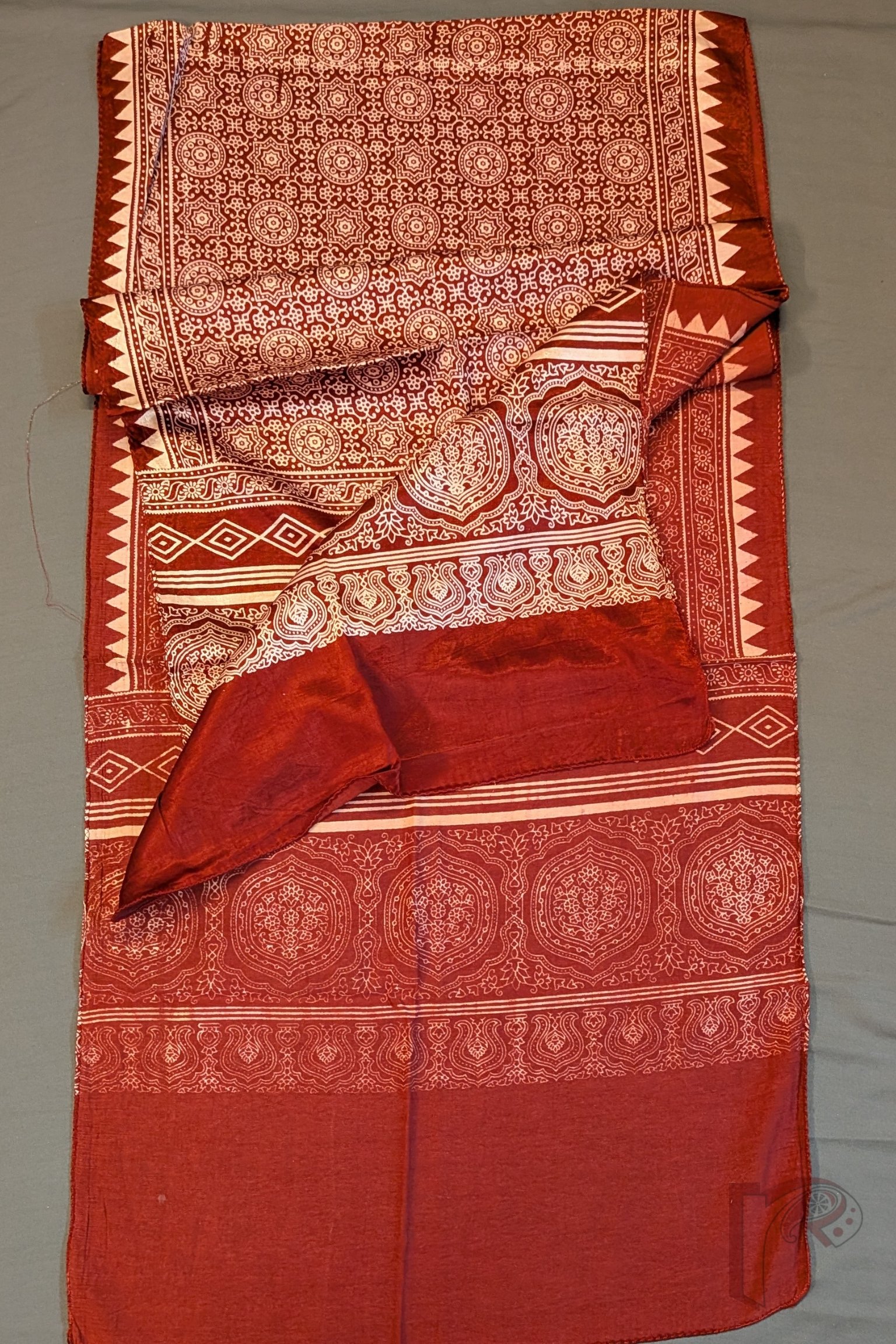 Dreamy Drapes - Rich Maroon Modal Silk Ajrakh Stole with Star Floral Motifs and Diamond-Oblong Border Panels - Image 2